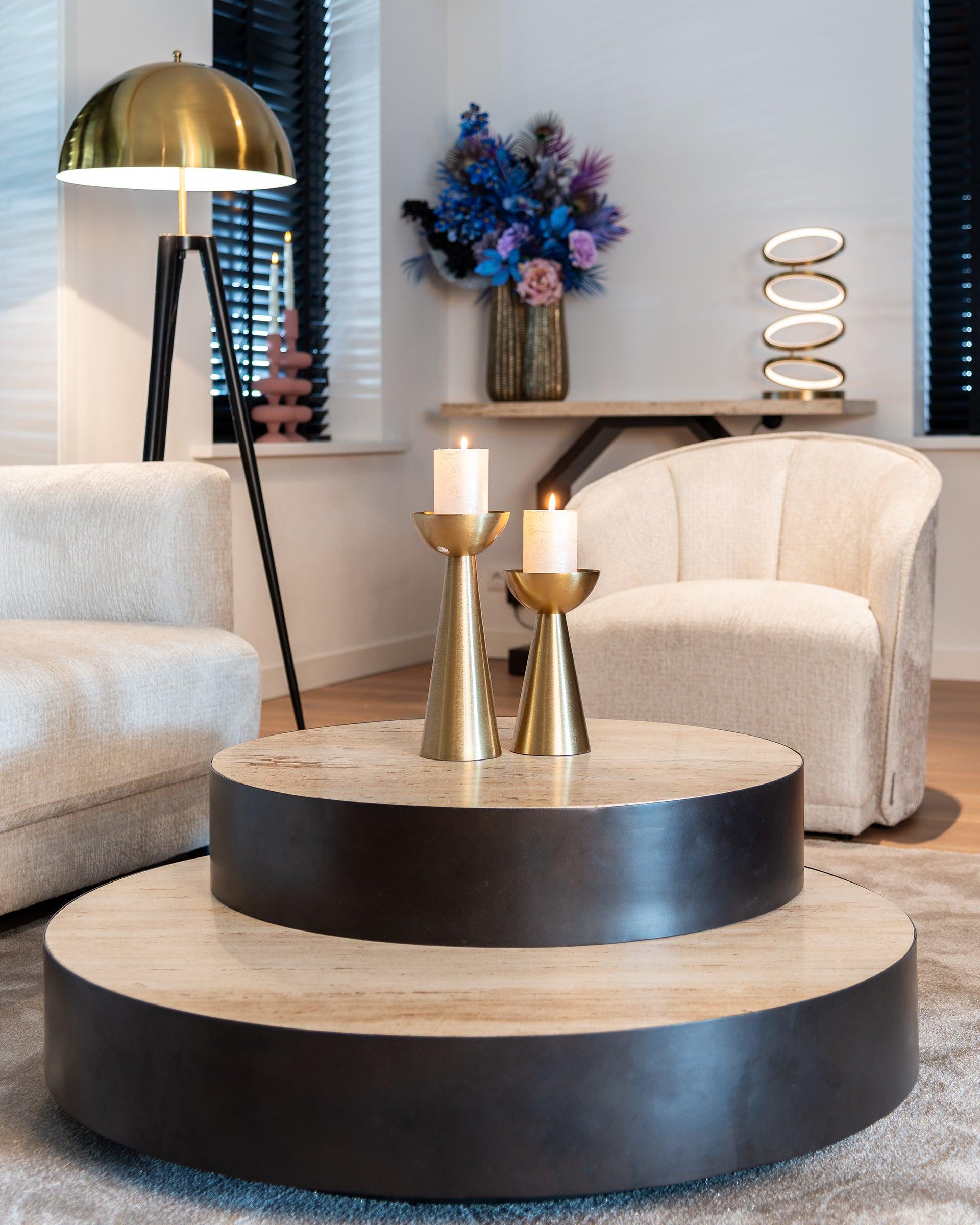 Avalon Round Layered Coffee Table with Travertine Top by Richmond Interiors - Maison Rêves UK