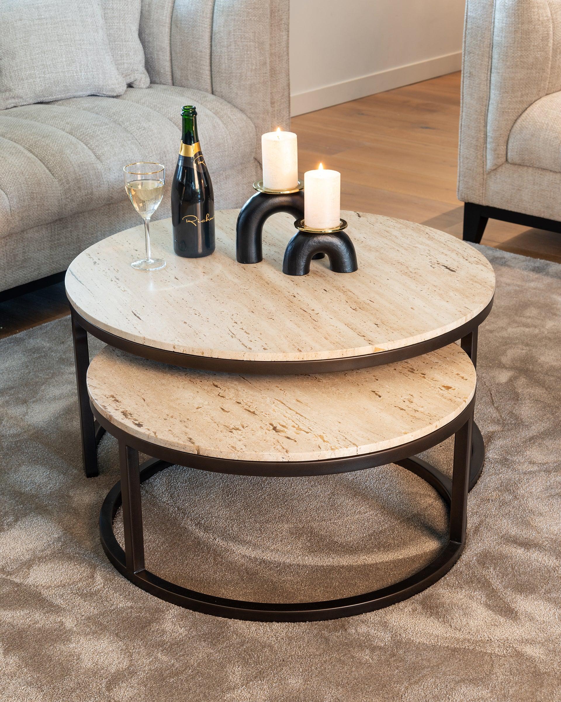Avalon Set of 2 Coffee Tables with Travertine Top & Bronze Base by Richmond Interiors - Maison Rêves UK