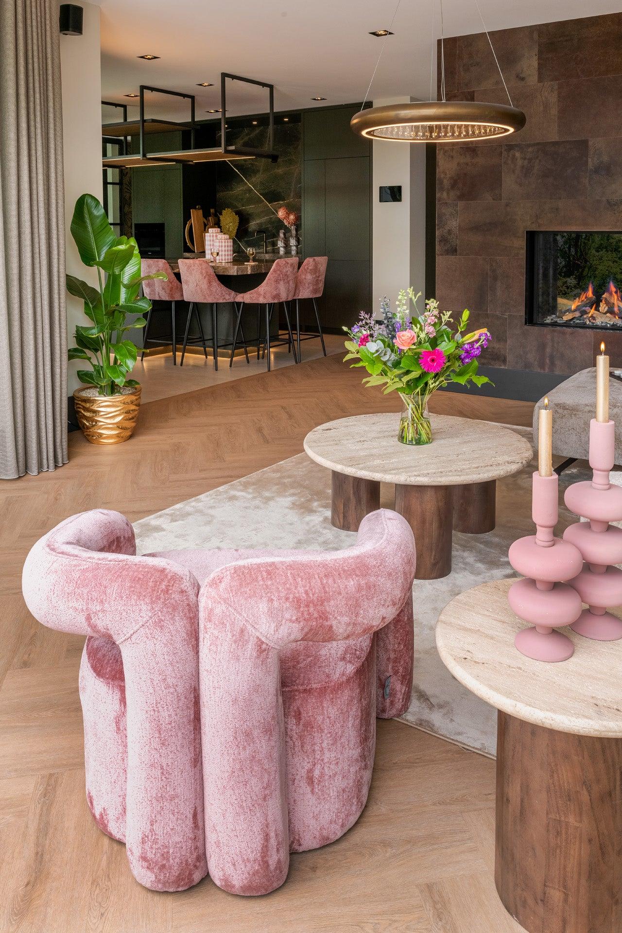 Douglas Travertine Circular Coffee Table with Mango Wood Base by Richmond Interiors - Maison Rêves UK
