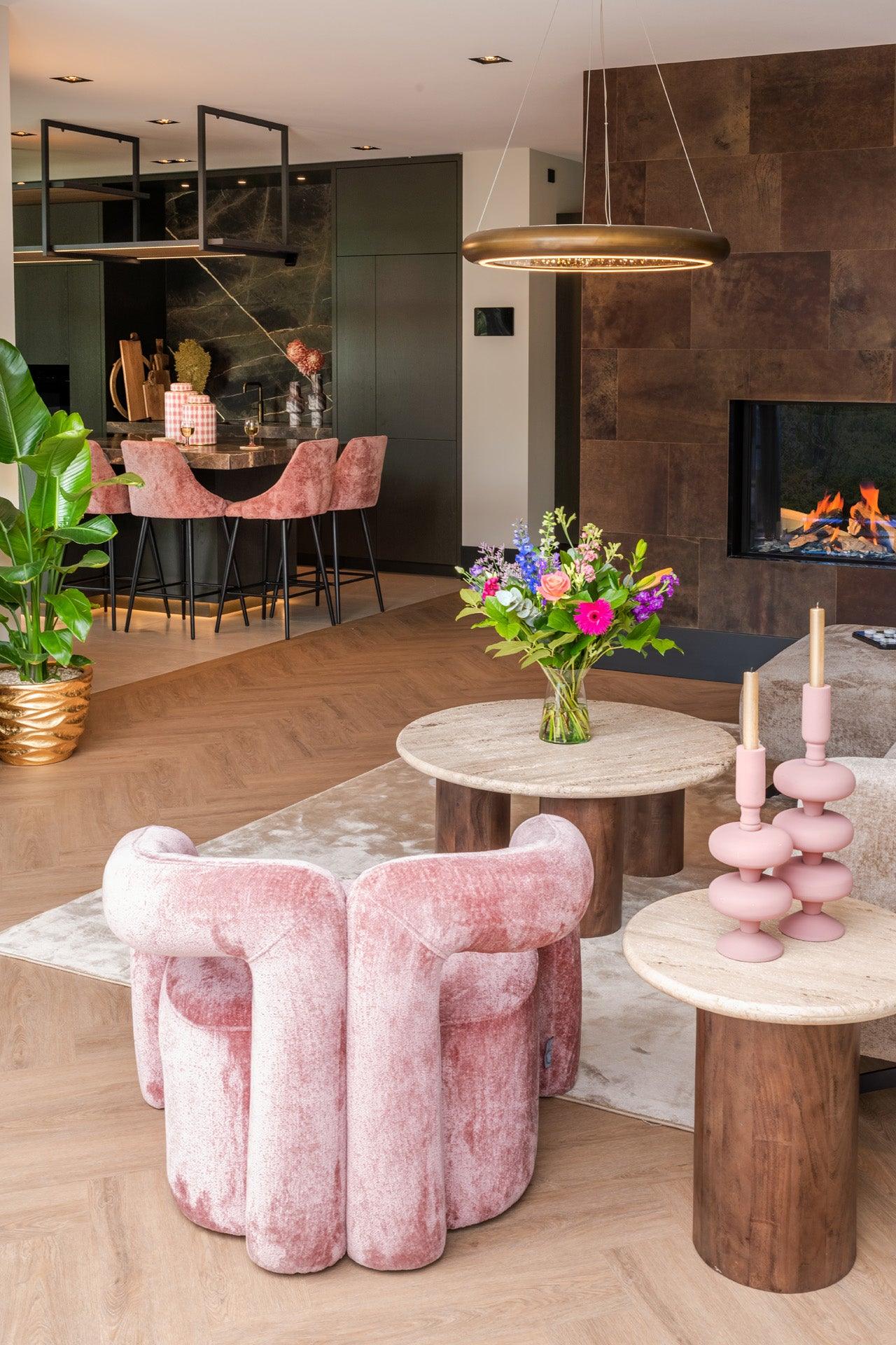 Douglas Travertine Circular Coffee Table with Mango Wood Base by Richmond Interiors - Maison Rêves UK