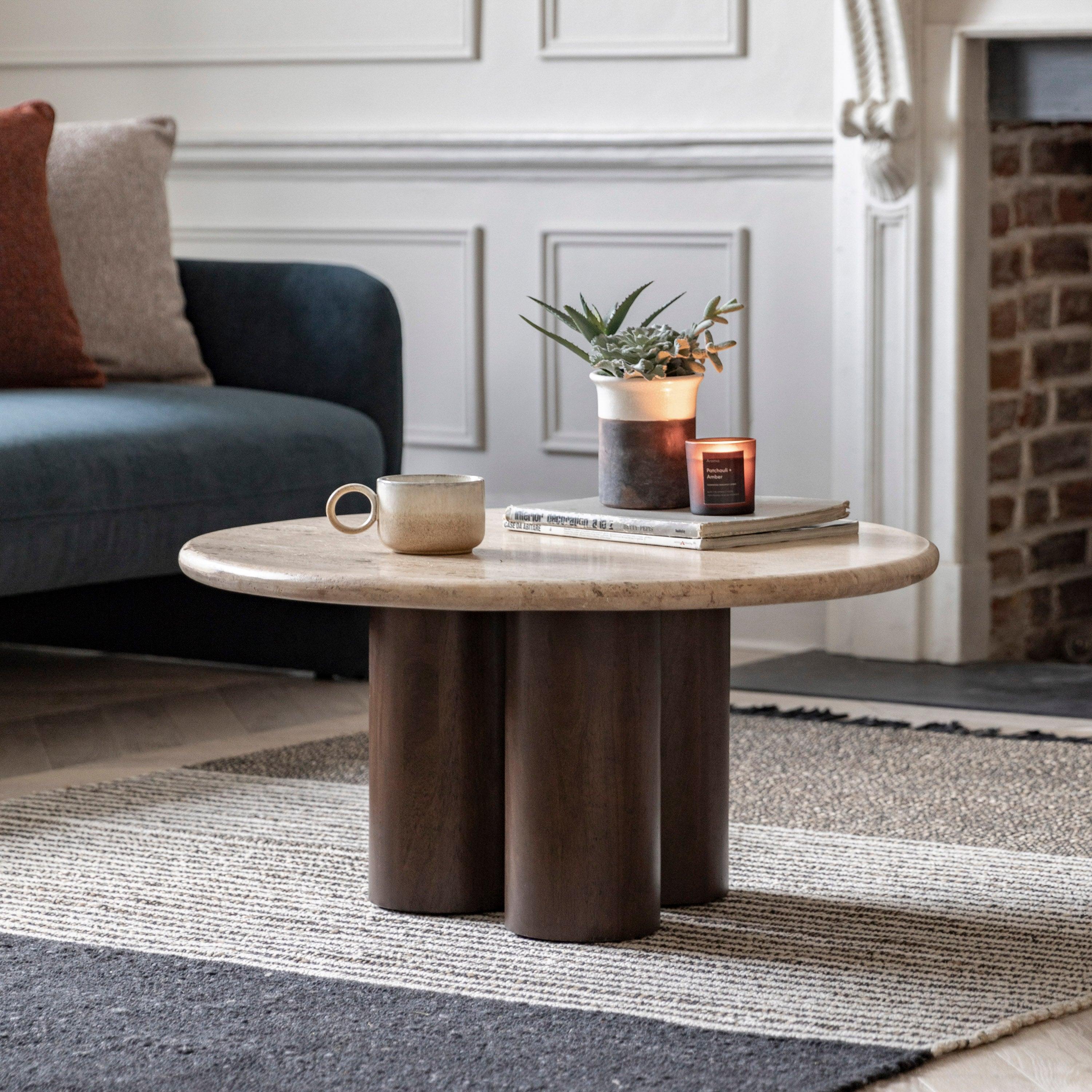 Fontana Mango Wood Coffee Table with Travertine Top - Maison Rêves UK