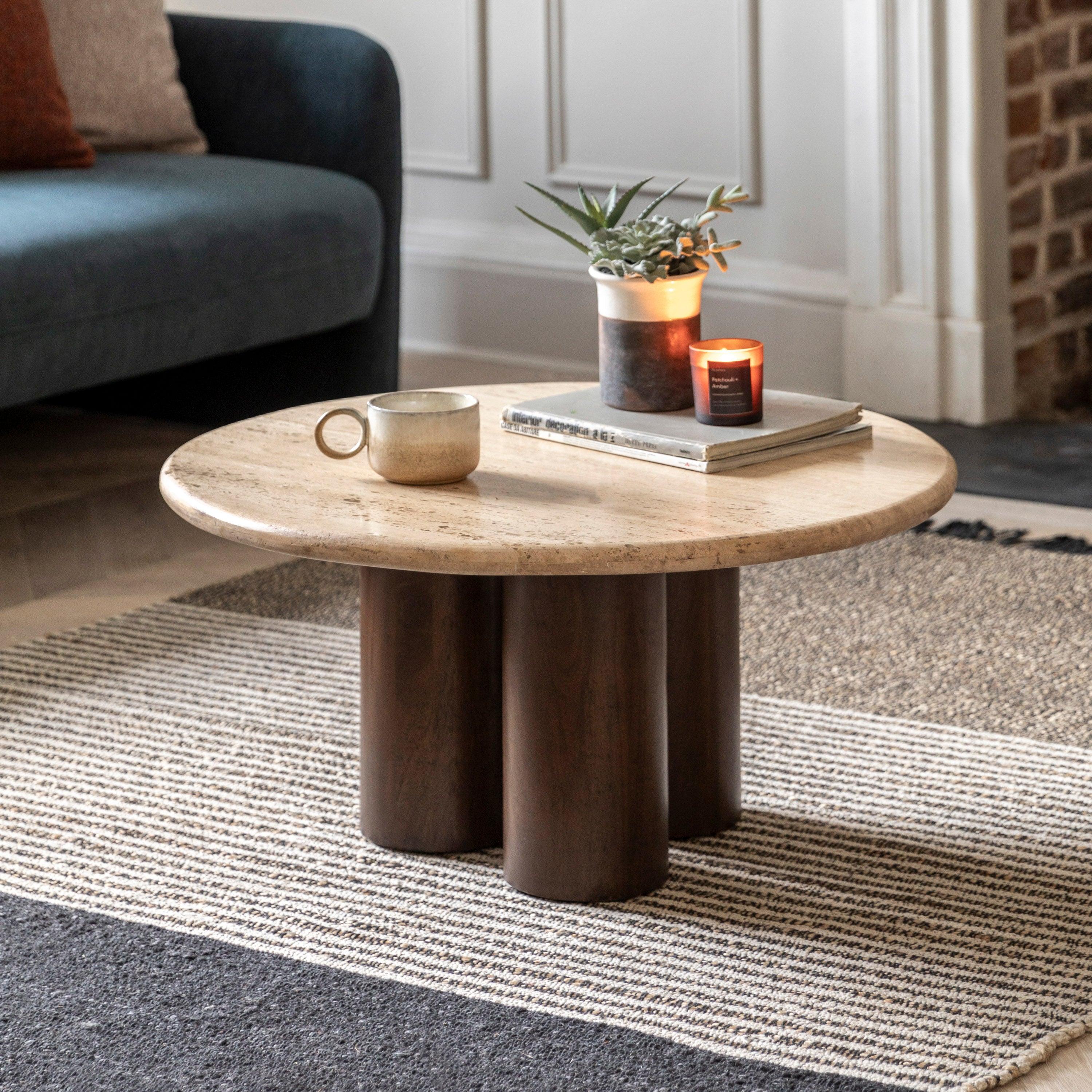 Fontana Mango Wood Coffee Table with Travertine Top - Maison Rêves UK