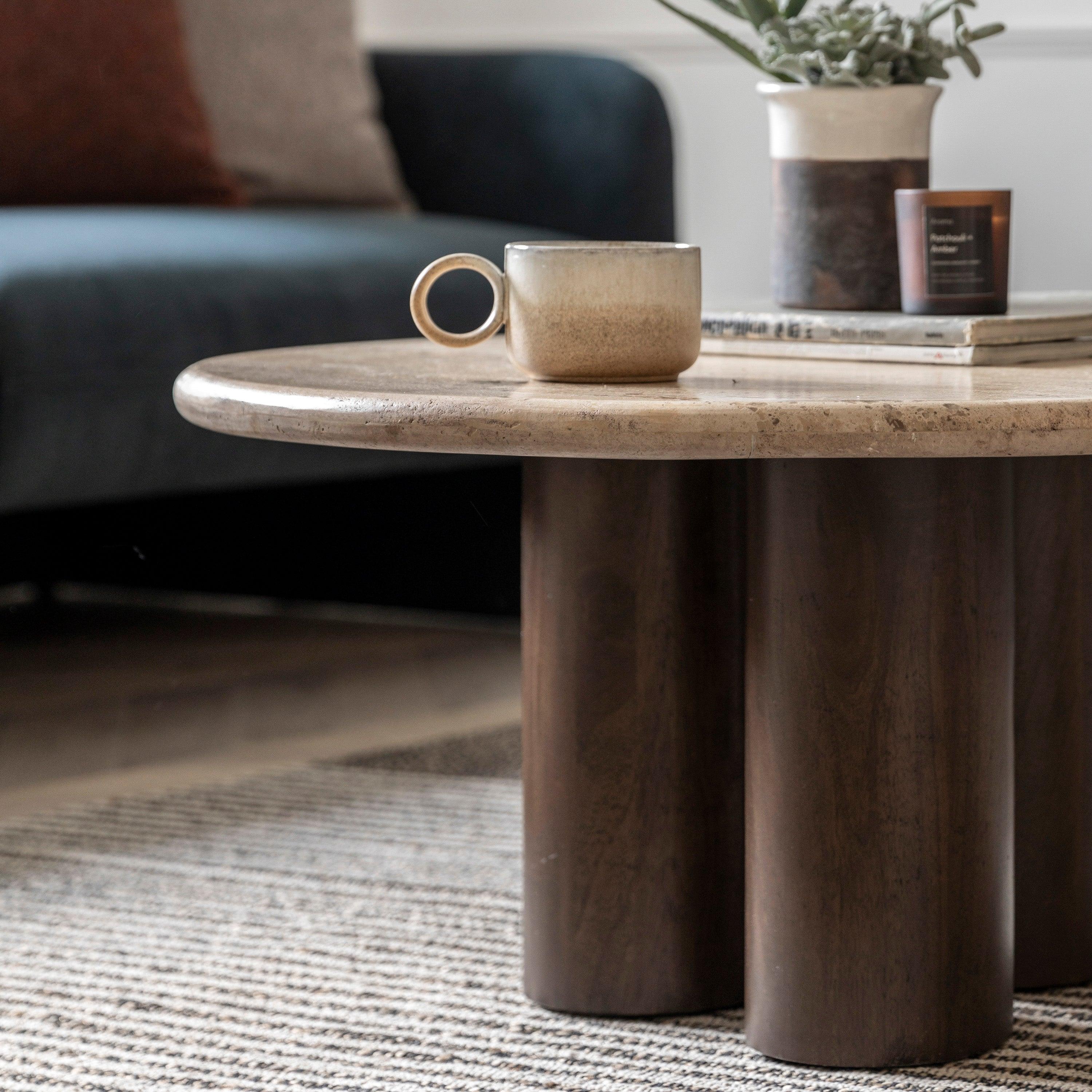 Fontana Mango Wood Coffee Table with Travertine Top - Maison Rêves UK