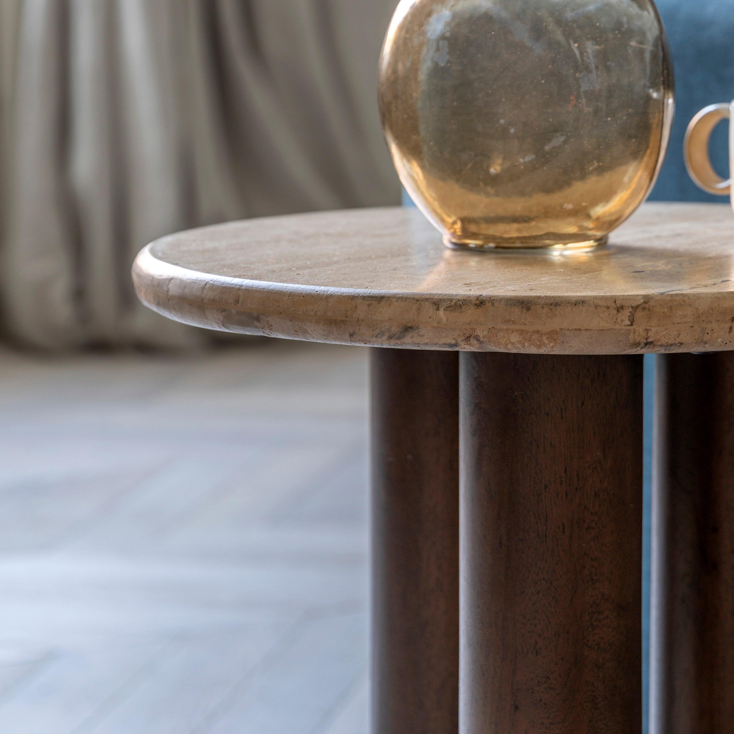 Fontana Mango Wood Side Table with Travertine Top - Maison Rêves UK