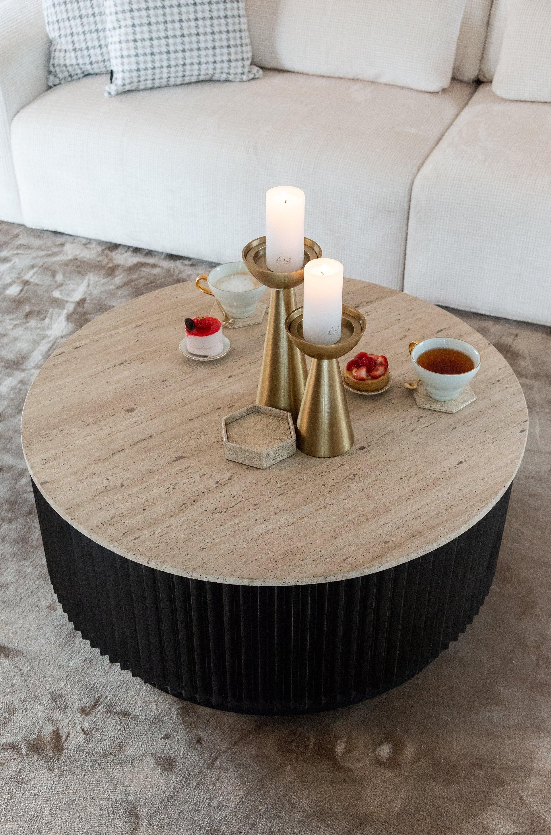 Hampton Circular Coffee Table with Travertine Top by Richmond Interiors - Maison Rêves UK
