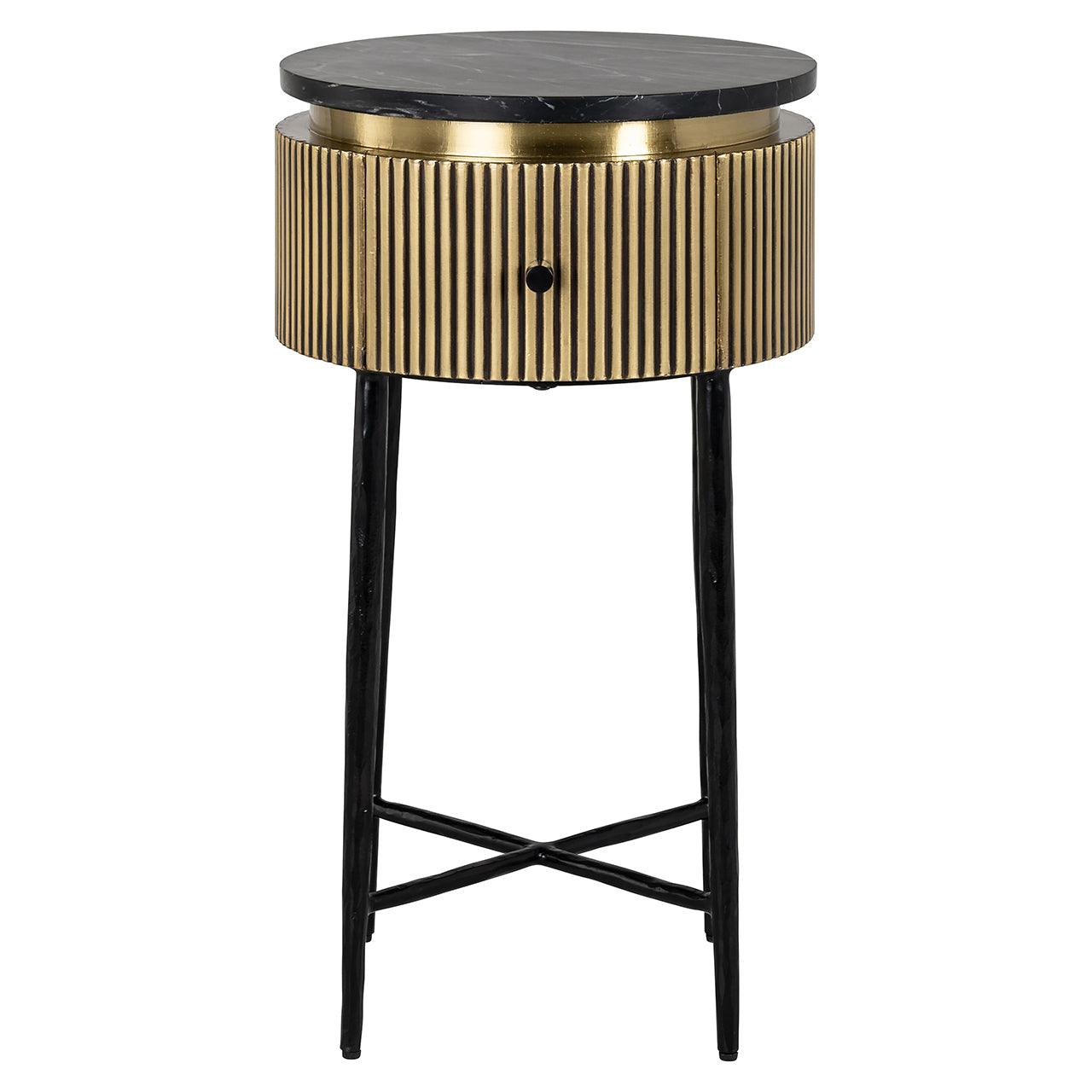 Ironville Circular Gold Single Drawer Side Table with Black Marble Top by Richmond Interiors - Maison Rêves UK