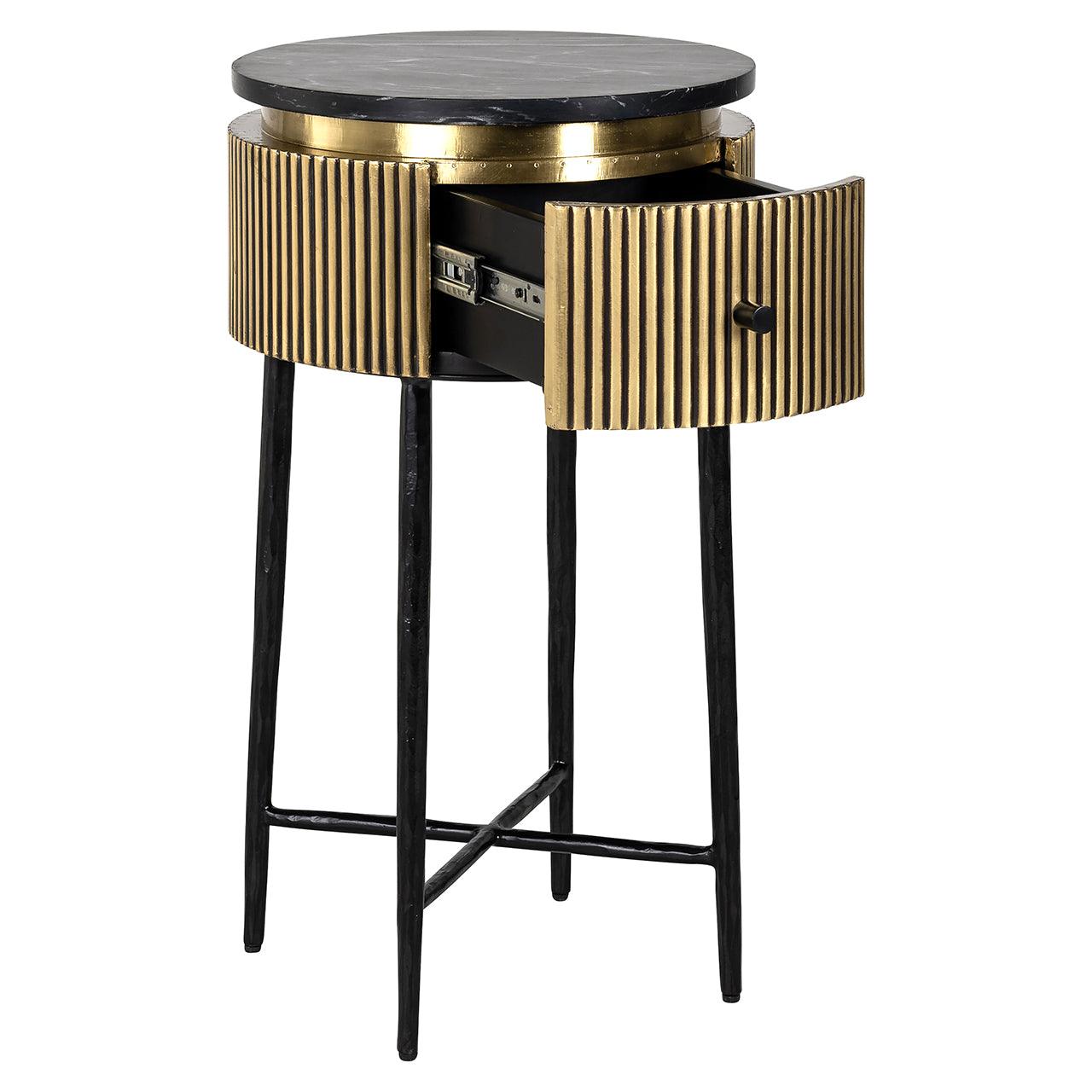 Ironville Circular Gold Single Drawer Side Table with Black Marble Top by Richmond Interiors - Maison Rêves UK