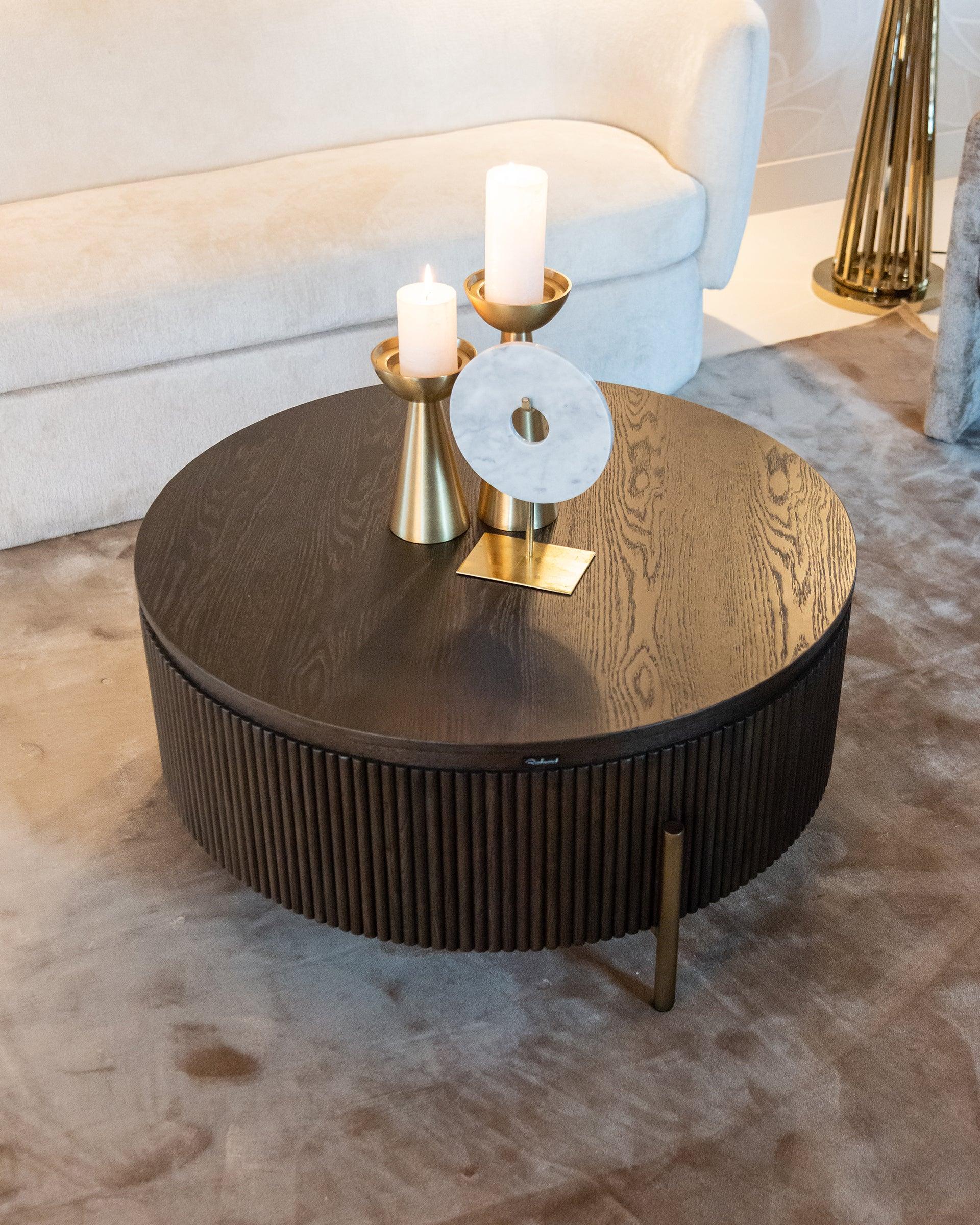 Luxor Brown Wood Circular Coffee Table with Brushed Gold legs by Richmond Interiors - Maison Rêves UK