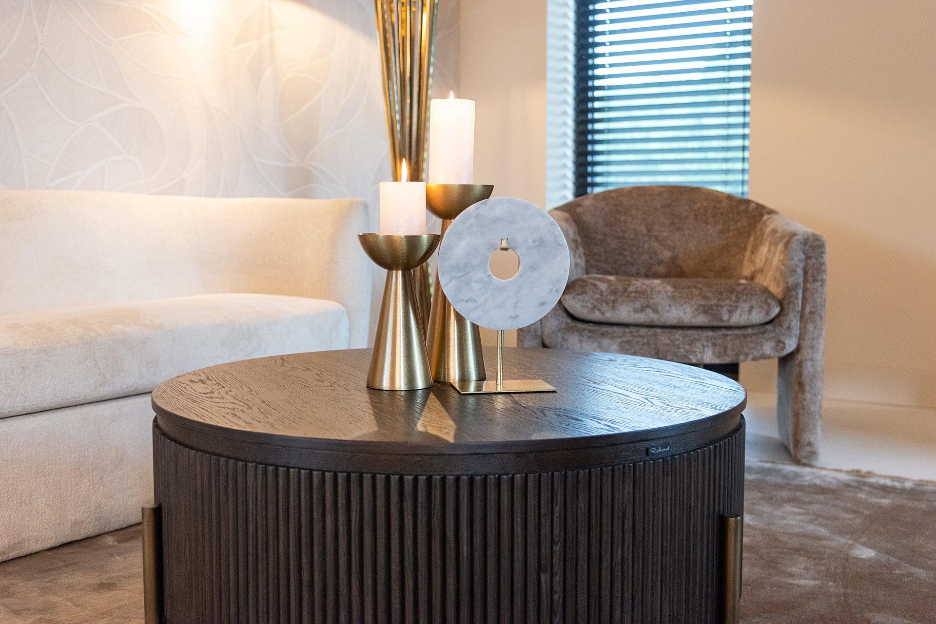 Luxor Brown Wood Circular Coffee Table with Brushed Gold legs by Richmond Interiors - Maison Rêves UK