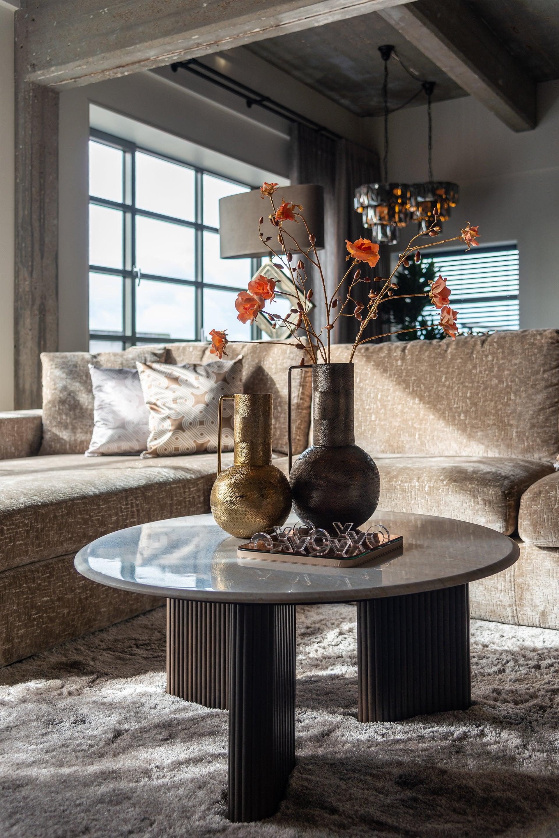 Mayfield White Marble Top Circular Coffee Table with Brown Wood Base by Richmond Interiors - Maison Rêves UK