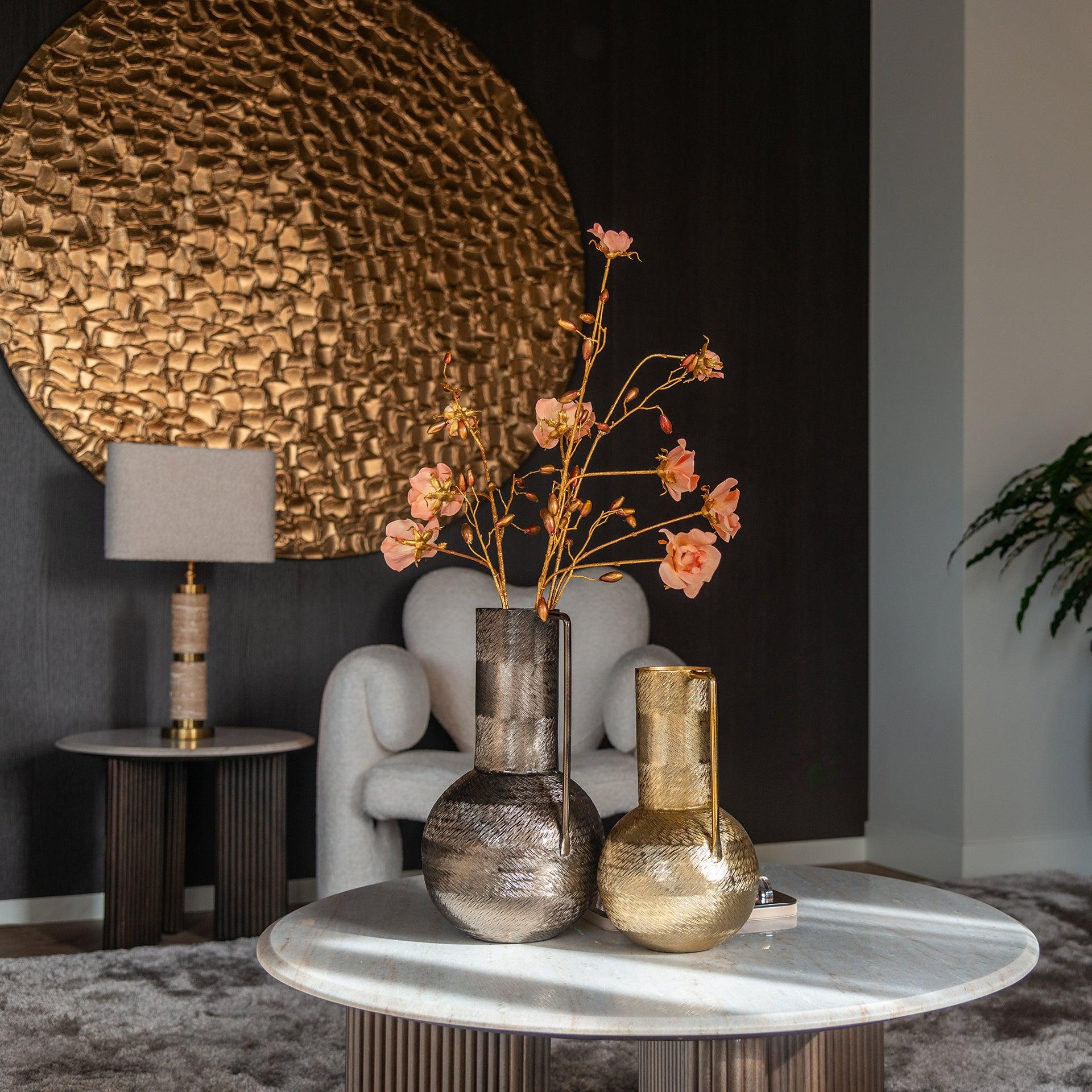 Mayfield White Marble Top Circular Coffee Table with Brown Wood Base by Richmond Interiors - Maison Rêves UK