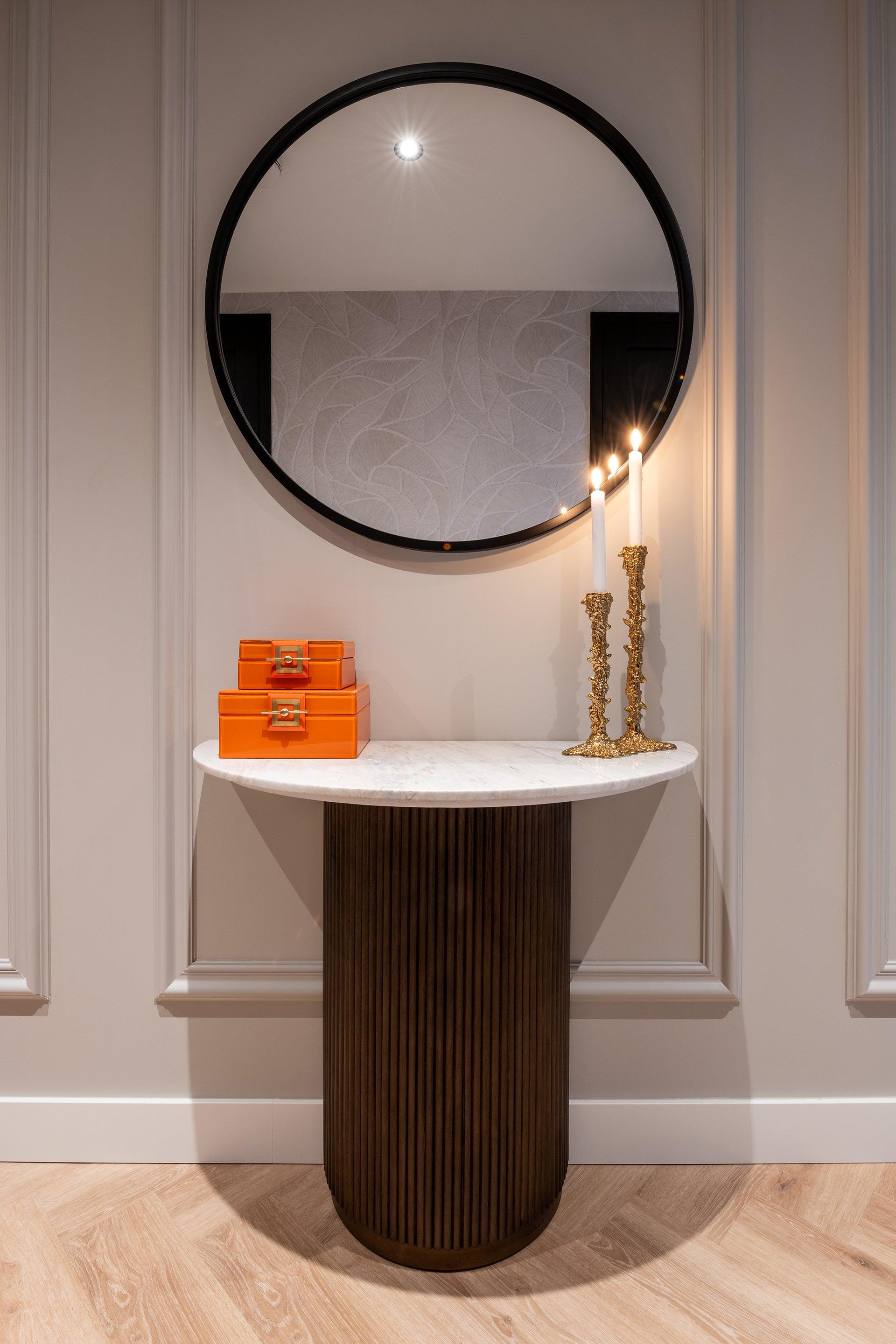 Mayfield White Marble Top Console Table with Brown Wood Base by Richmond Interiors - Maison Rêves UK