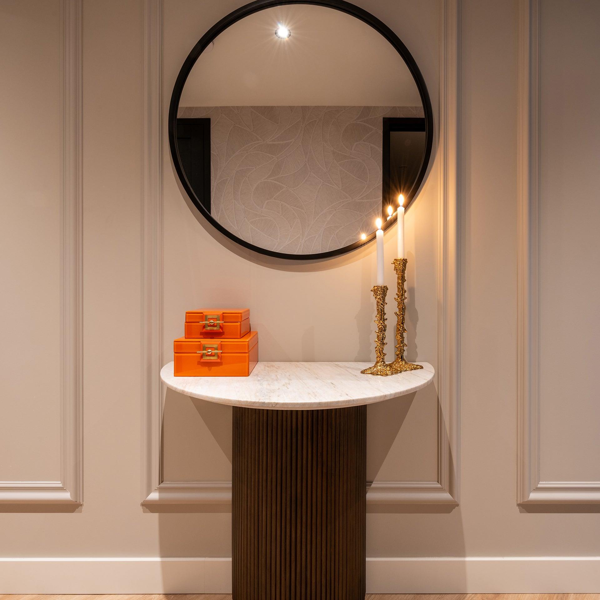 Mayfield White Marble Top Console Table with Brown Wood Base by Richmond Interiors - Maison Rêves UK