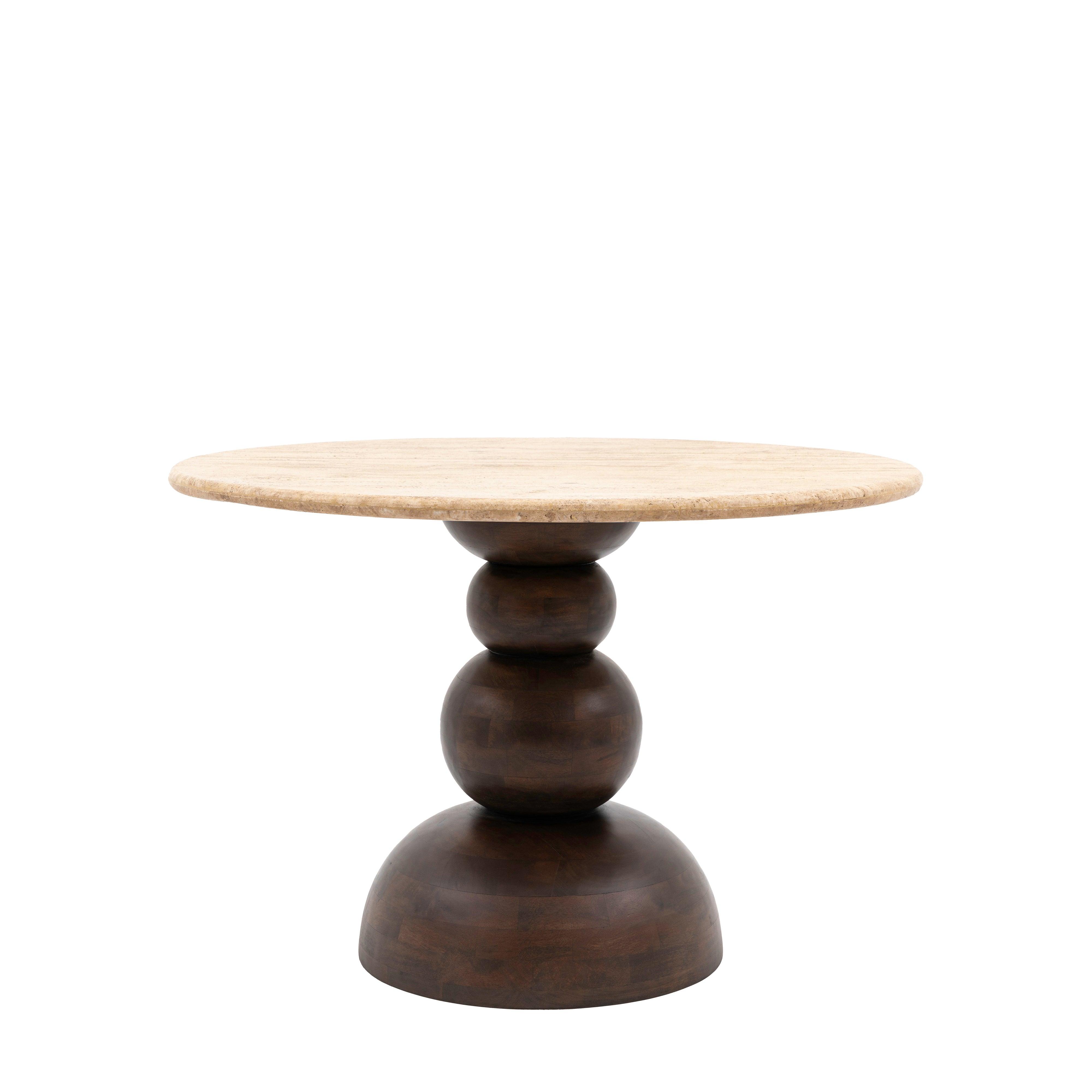 Sculpture Dark Mango Wood Round Dining Table Travertine Top - Maison Rêves UK