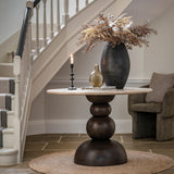 Sculpture Dark Mango Wood Round Dining Table Travertine Top - Maison Rêves UK