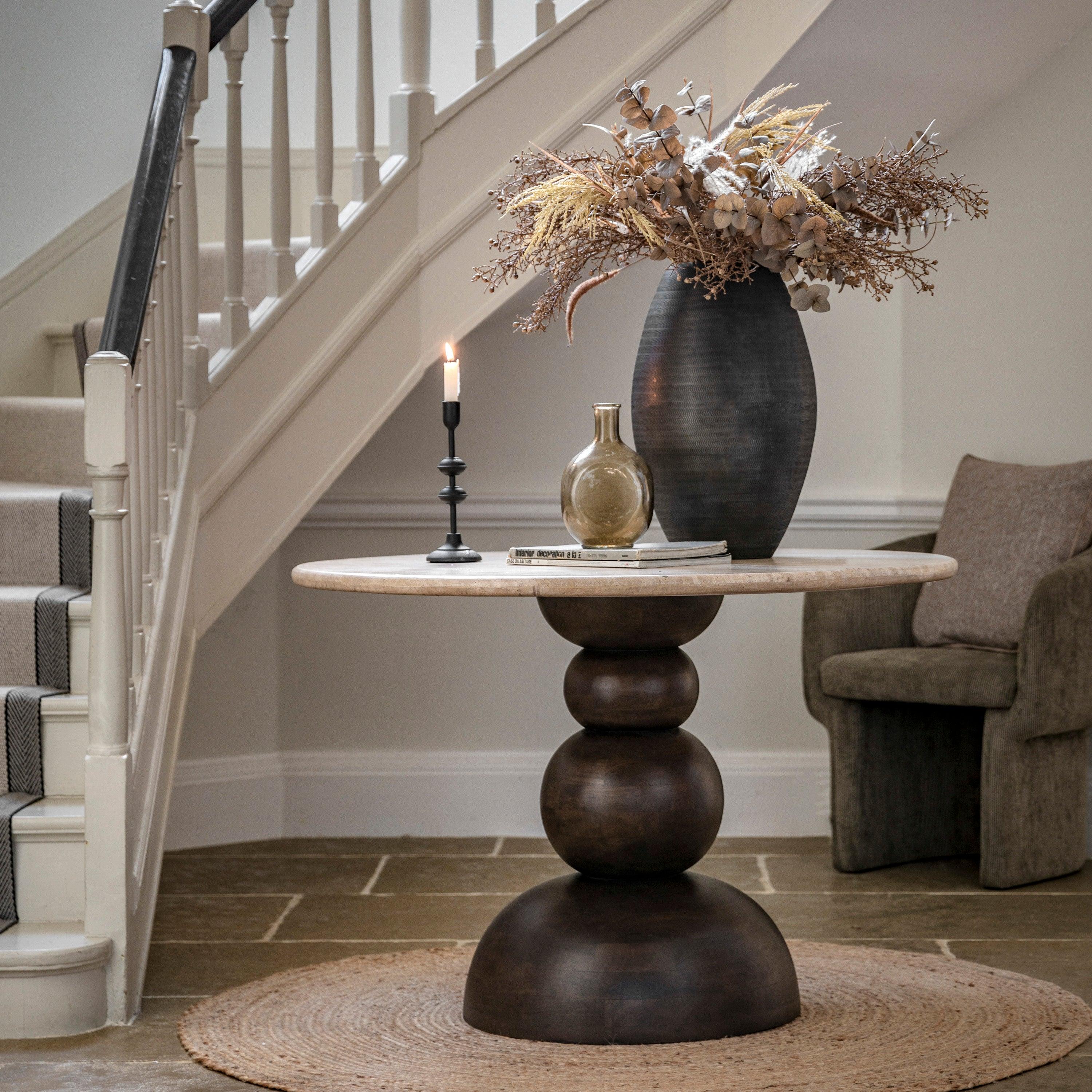 Sculpture Dark Mango Wood Round Dining Table Travertine Top - Maison Rêves UK