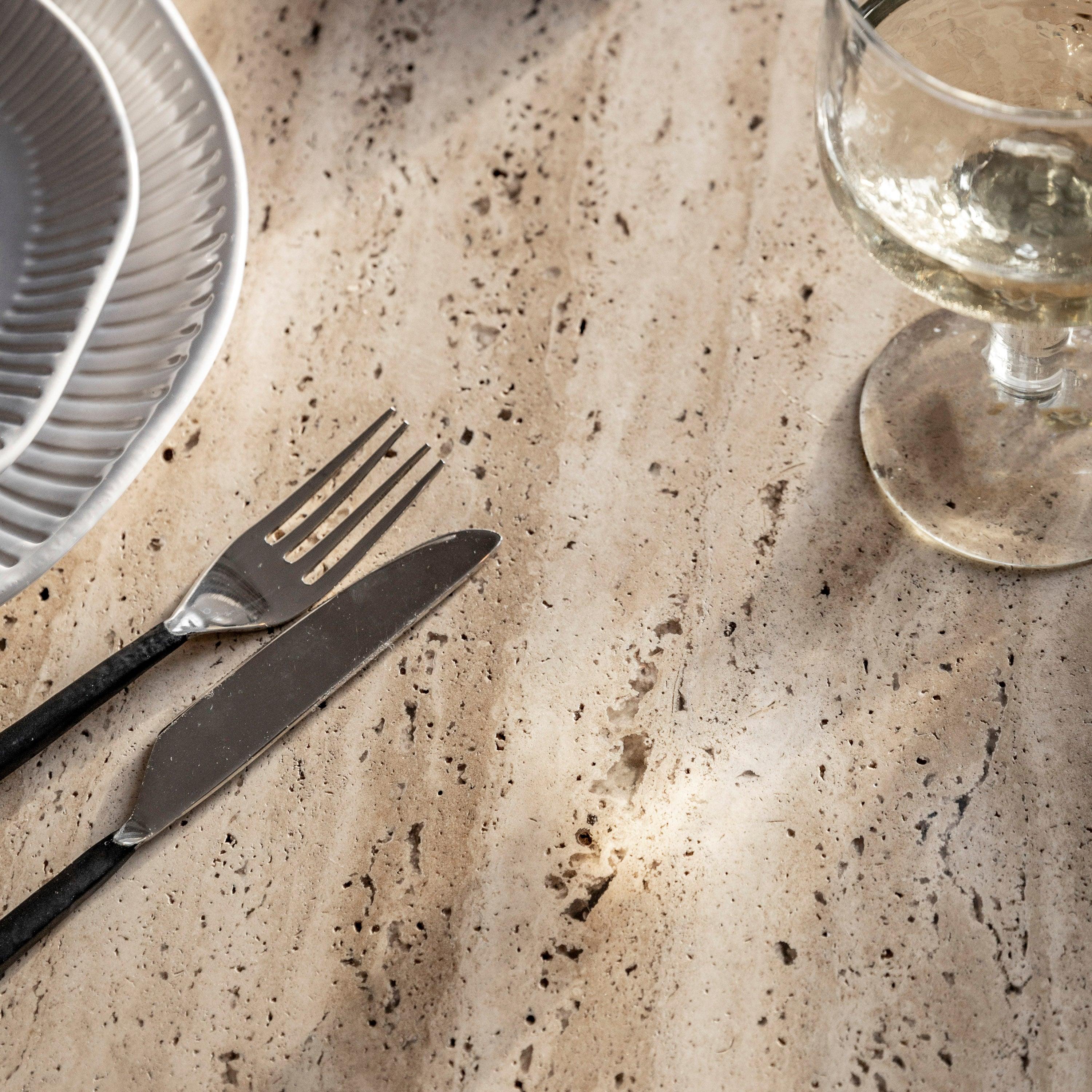 Sculpture Dark Mango Wood Round Dining Table Travertine Top - Maison Rêves UK