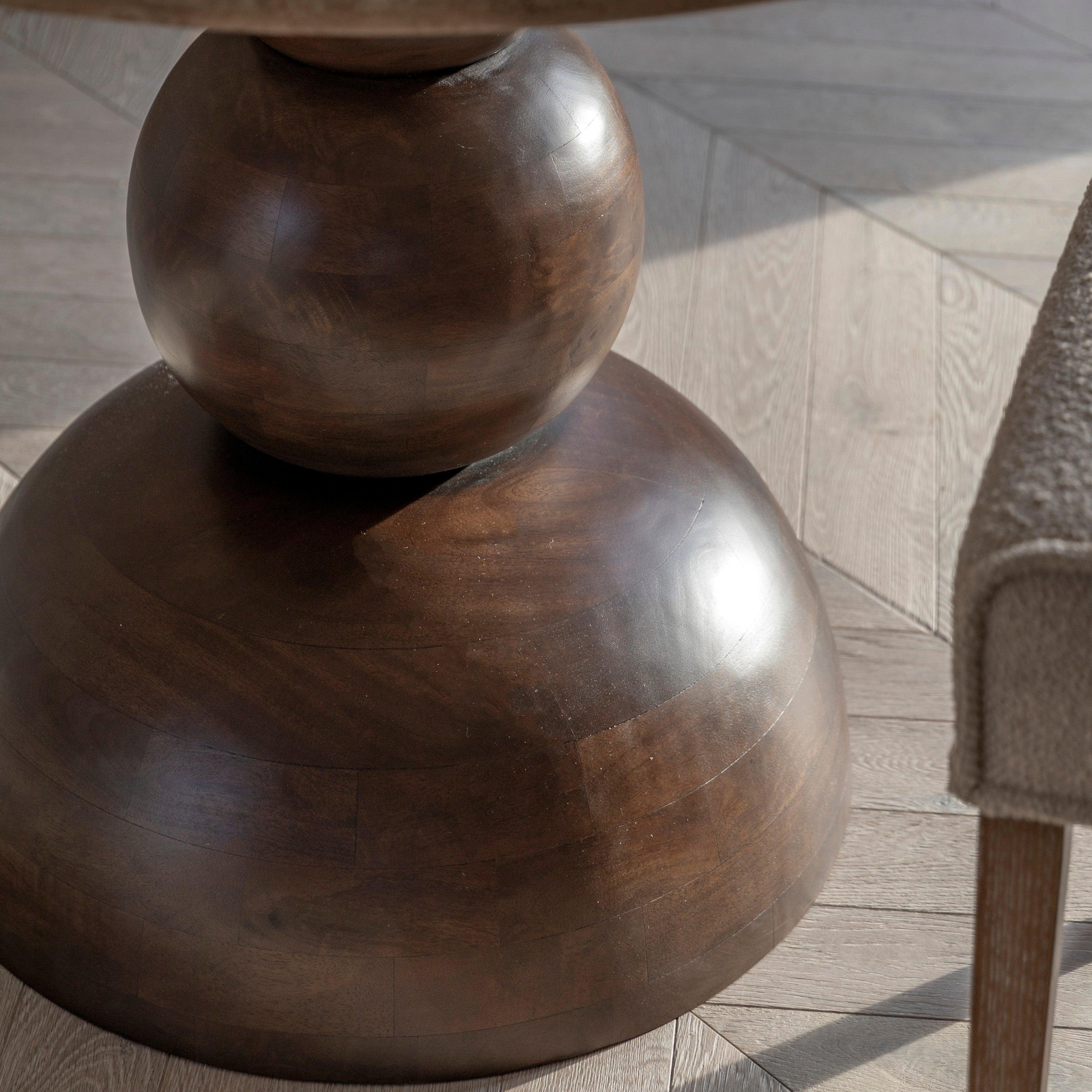 Sculpture Dark Mango Wood Round Dining Table Travertine Top - Maison Rêves UK