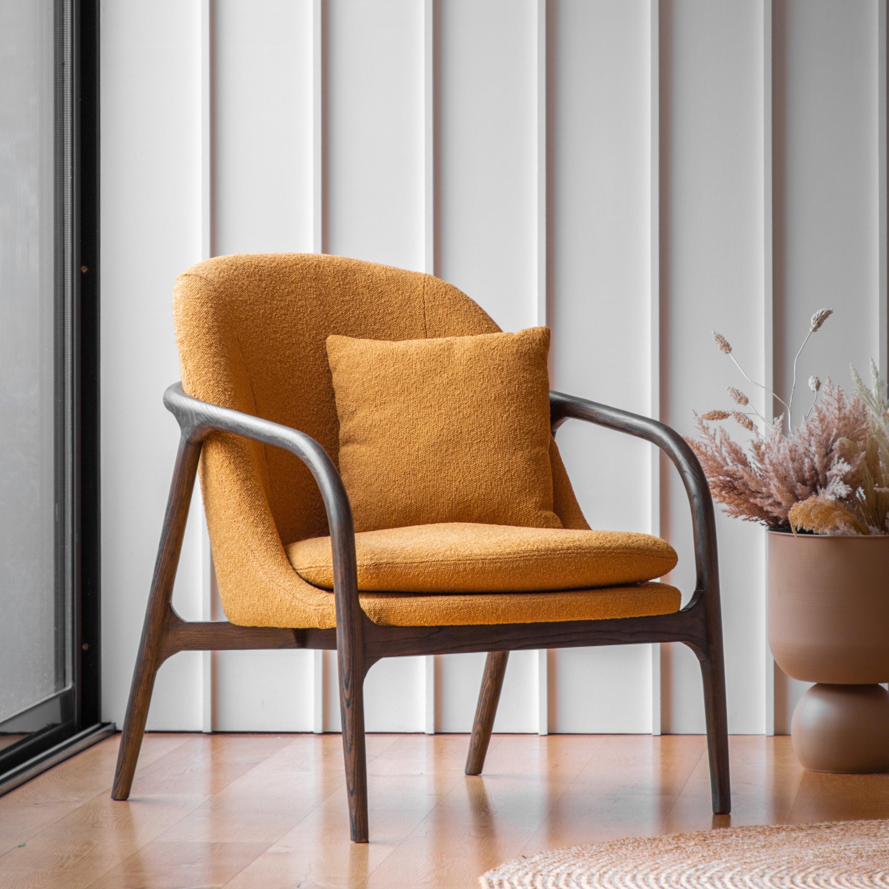 Amorista Oak Wood Frame Armchair Ochre Fabric - Maison Rêves UK