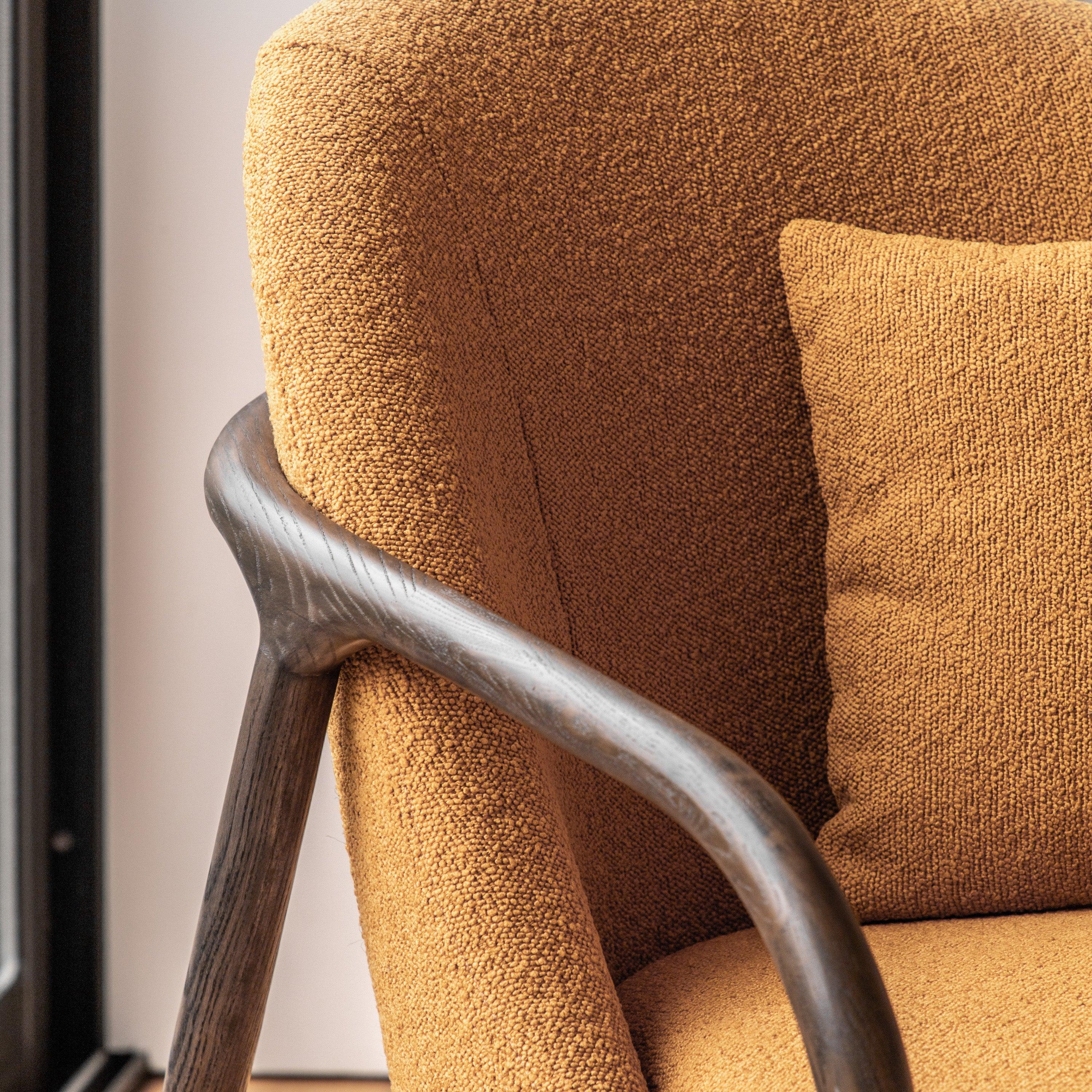 Amorista Oak Wood Frame Armchair Ochre Fabric - Maison Rêves UK