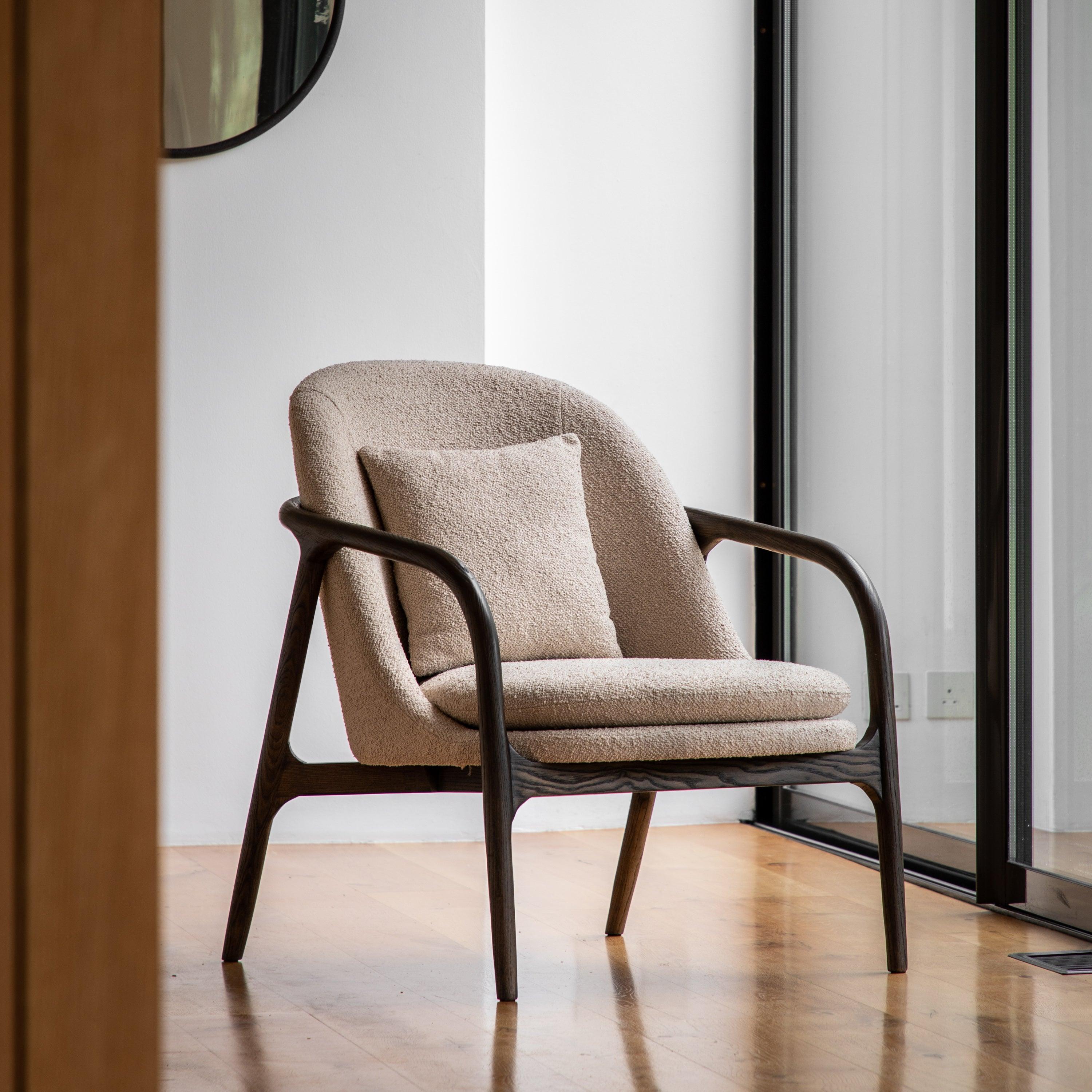 Amorista Oak Wood Frame Armchair Taupe Fabric - Maison Rêves UK