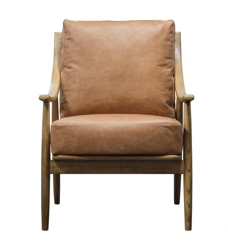 Ashwell Armchair Brown Leather with Wooden Frame - Maison Rêves UK