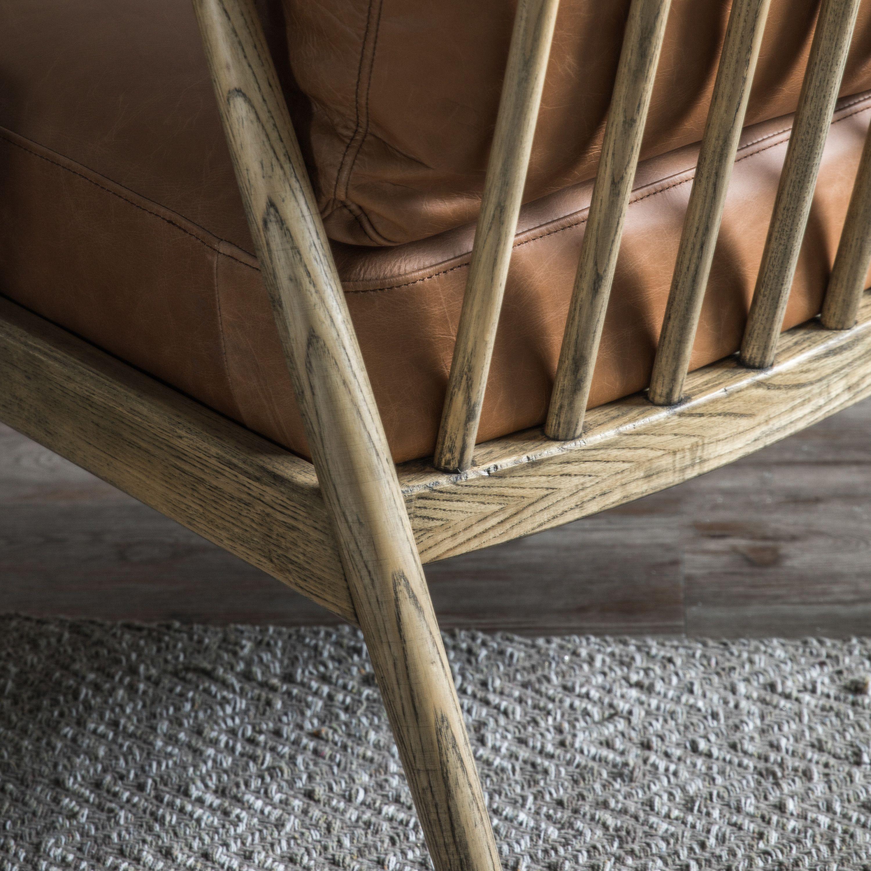Ashwell Armchair Brown Leather with Wooden Frame - Maison Rêves UK