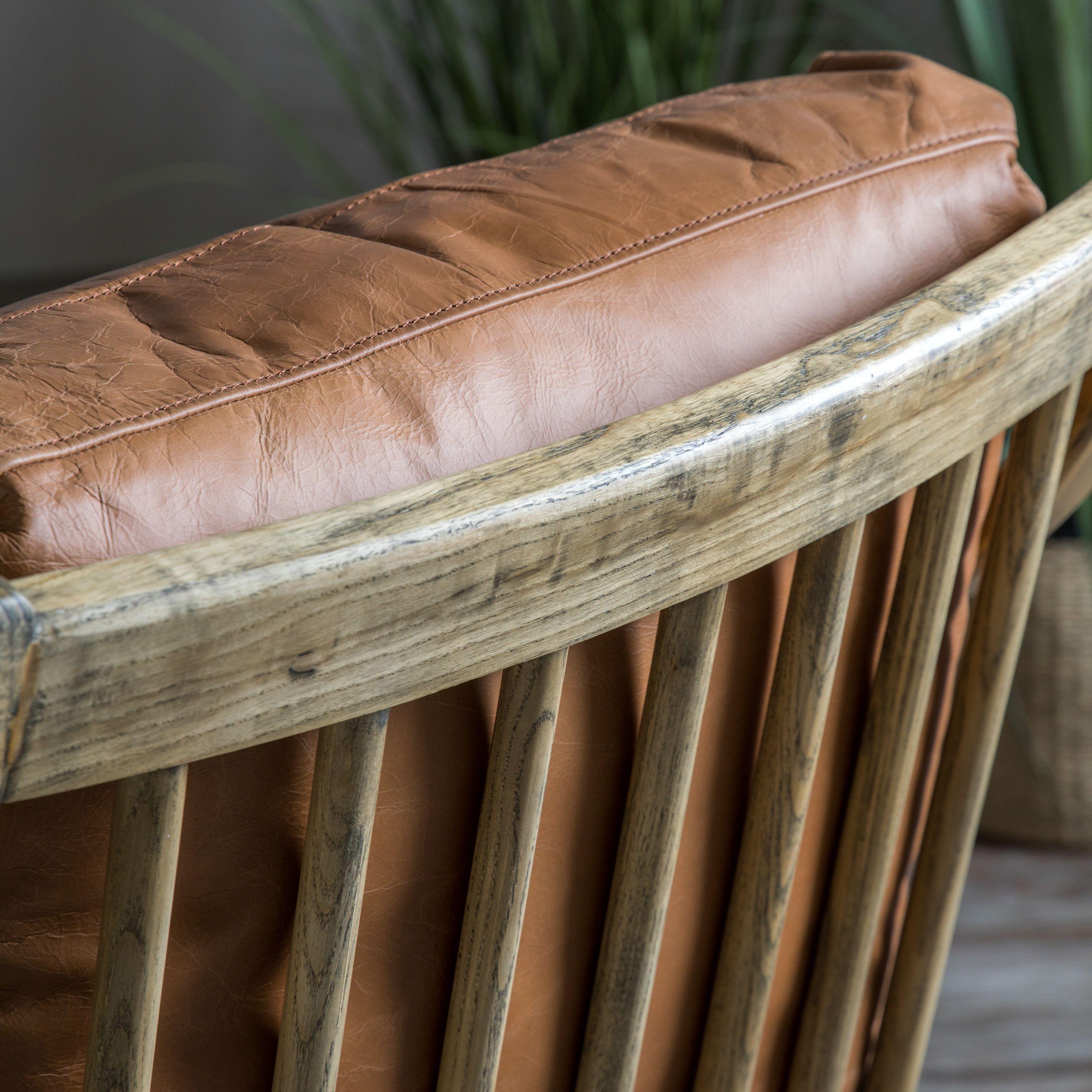 Ashwell Armchair Brown Leather with Wooden Frame - Maison Rêves UK
