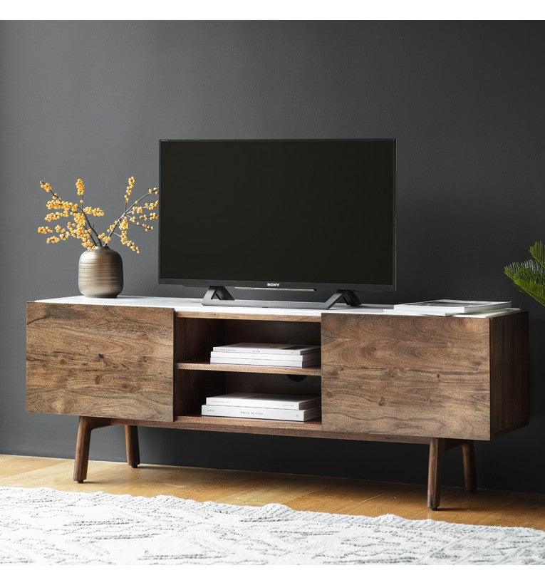 Bellavia Acacia Wood Media Cabinet with Marble Top - Maison Rêves UK