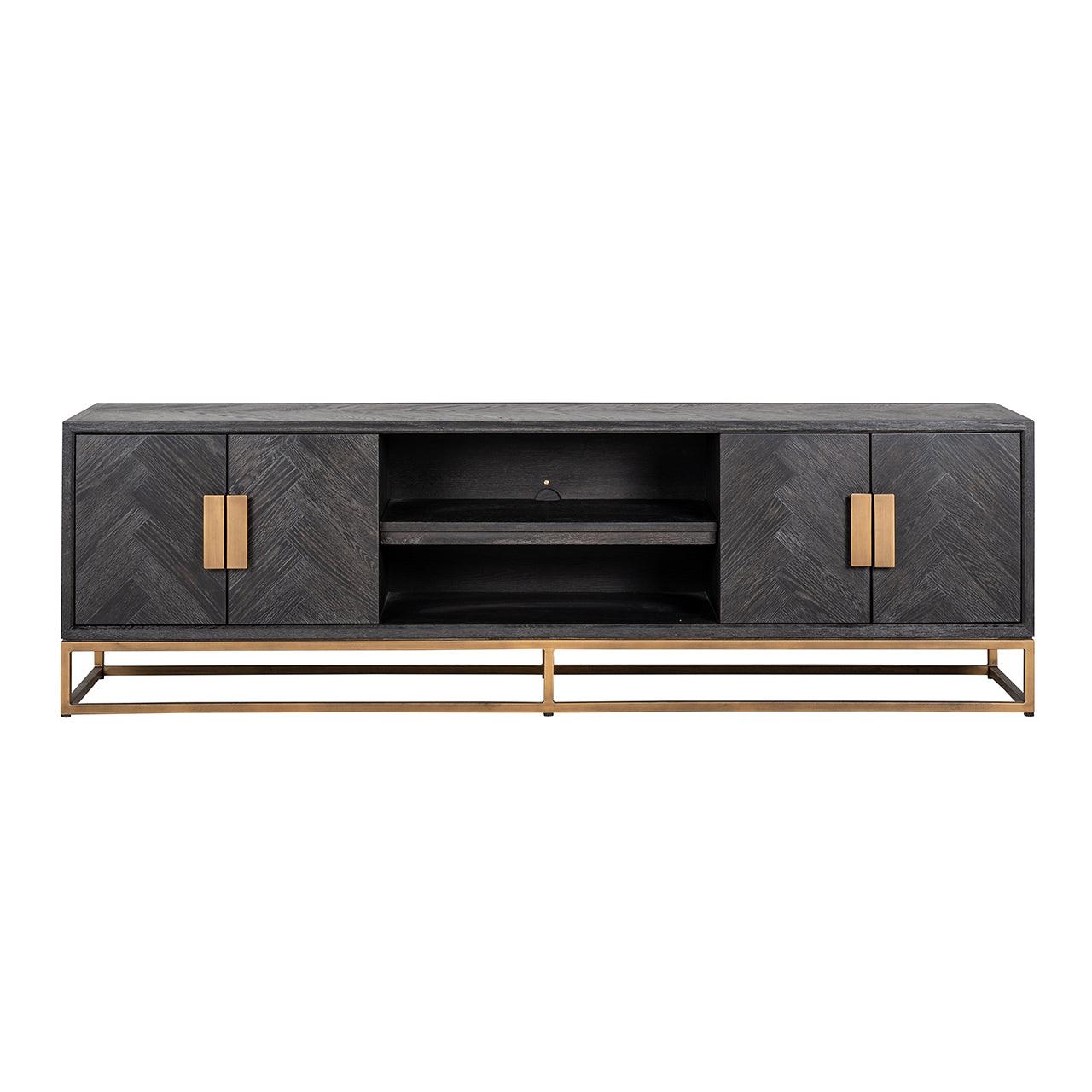 Blackbone Black Oak 4 Door Media Unit with Brass Base and Open Compartment by Richmond Interiors - Maison Rêves UK