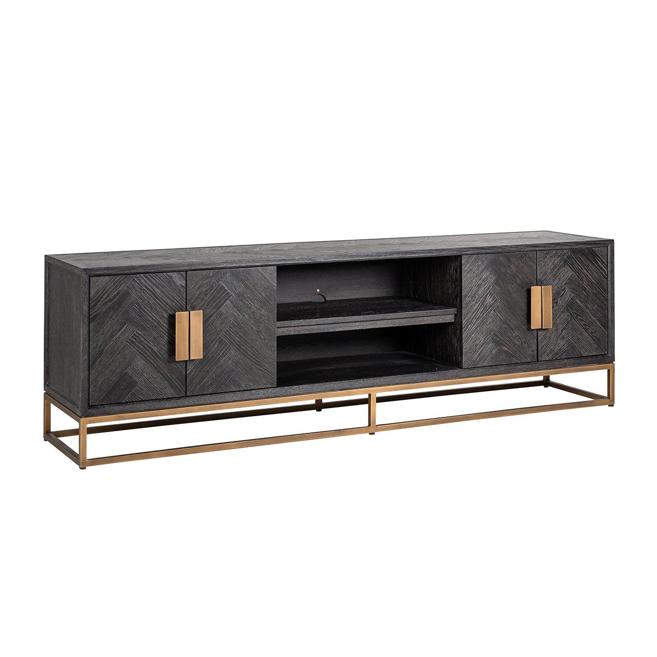 Blackbone Black Oak 4 Door Media Unit with Brass Base and Open Compartment by Richmond Interiors - Maison Rêves UK