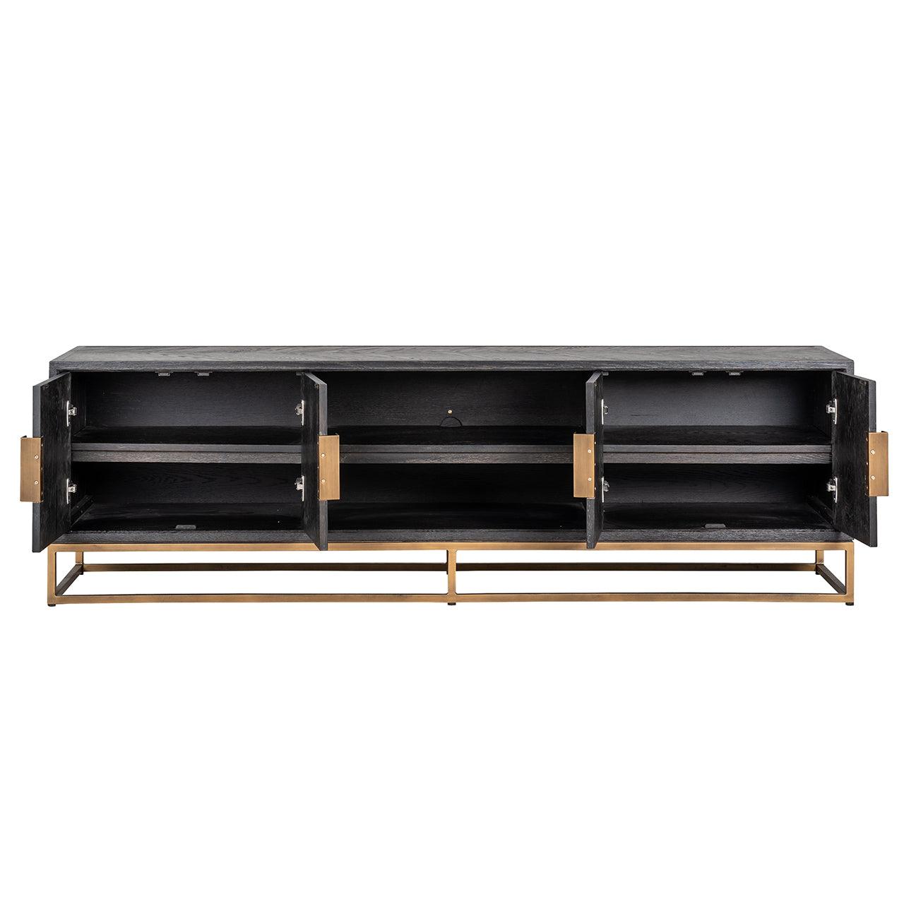 Blackbone Black Oak 4 Door Media Unit with Brass Base and Open Compartment by Richmond Interiors - Maison Rêves UK