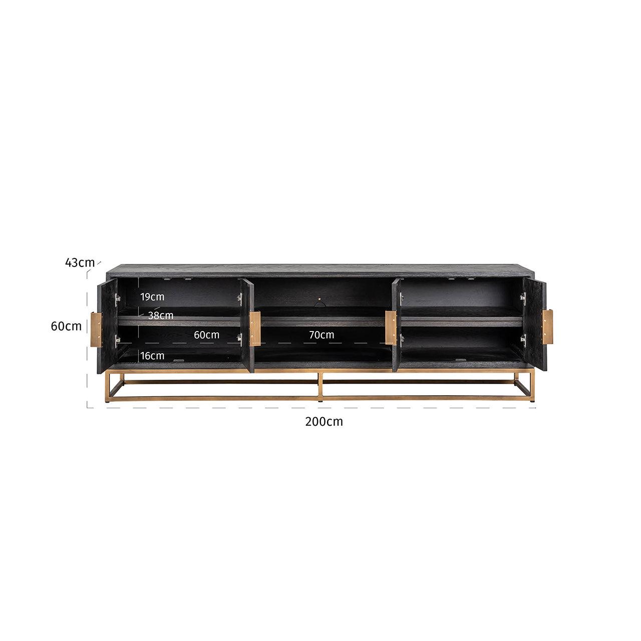 Blackbone Black Oak 4 Door Media Unit with Brass Base and Open Compartment by Richmond Interiors - Maison Rêves UK