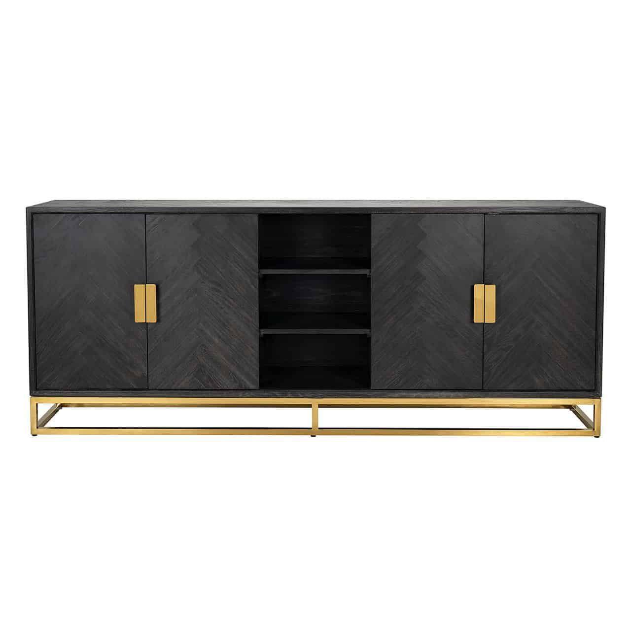 Blackbone Black Oak 4 Door Sideboard with Gold Base and Open Compartment by Richmond Interiors - Maison Rêves UK
