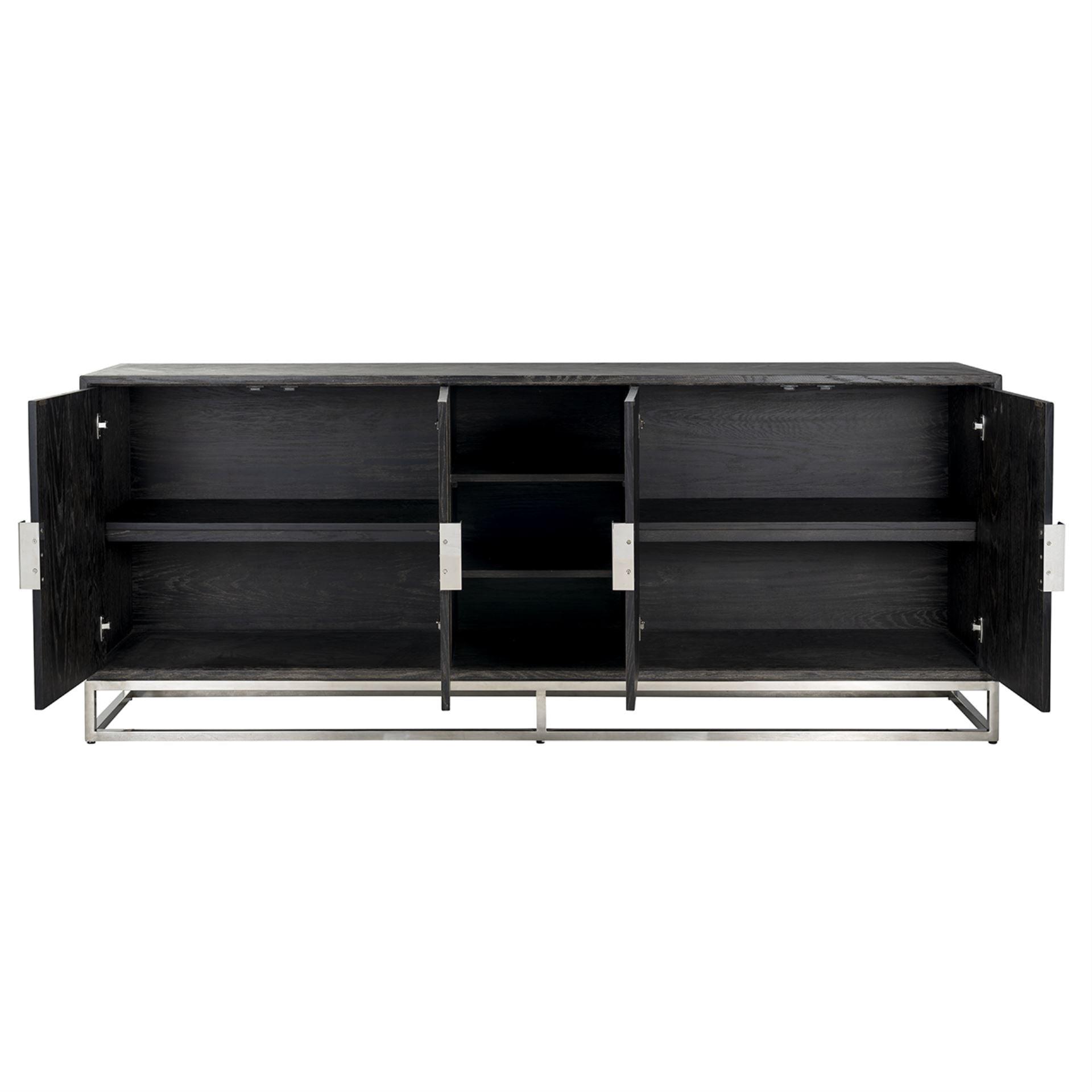 Blackbone Black Oak 4 Door Sideboard with Silver Base and Open Compartment by Richmond Interiors - Maison Rêves UK