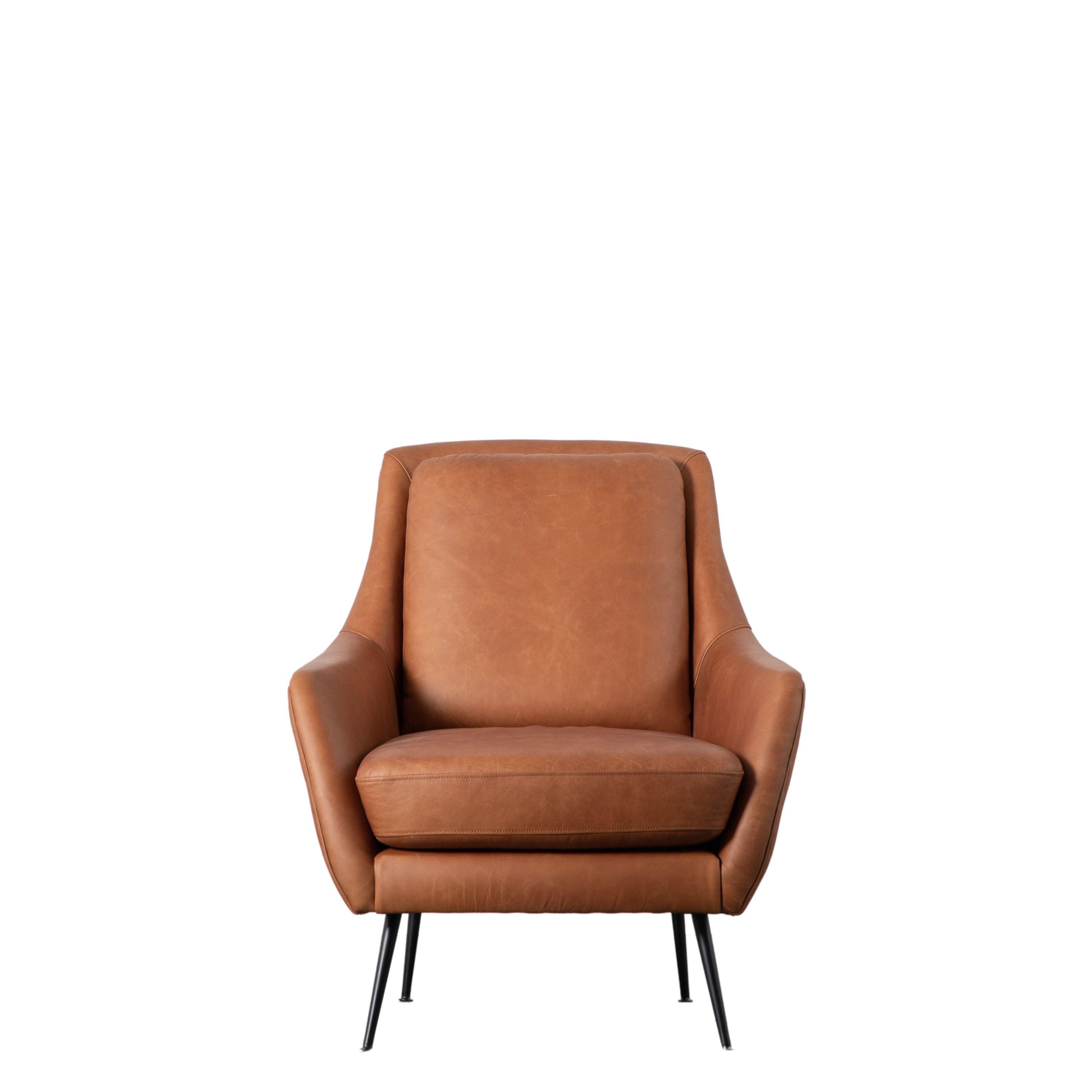 Bromfield Armchair Brown Leather with Black Metal Legs - Maison Rêves UK