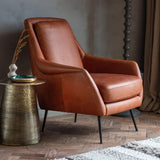 Bromfield Armchair Brown Leather with Black Metal Legs - Maison Rêves UK