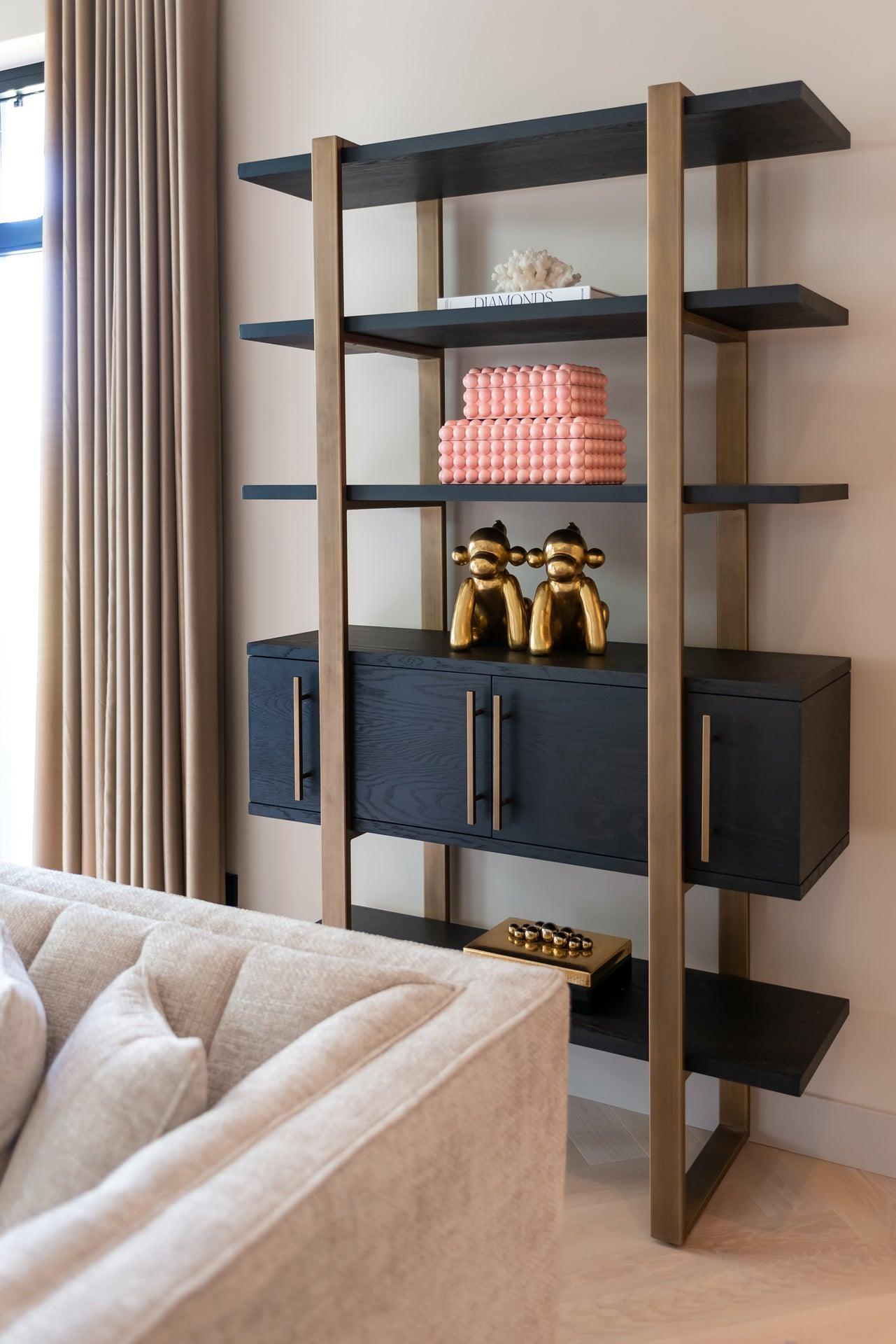 Cambon Gold Stainless Steel Bookcase with Dark Coffee 4 Door Cabinet by Richmond Interiors - Maison Rêves UK