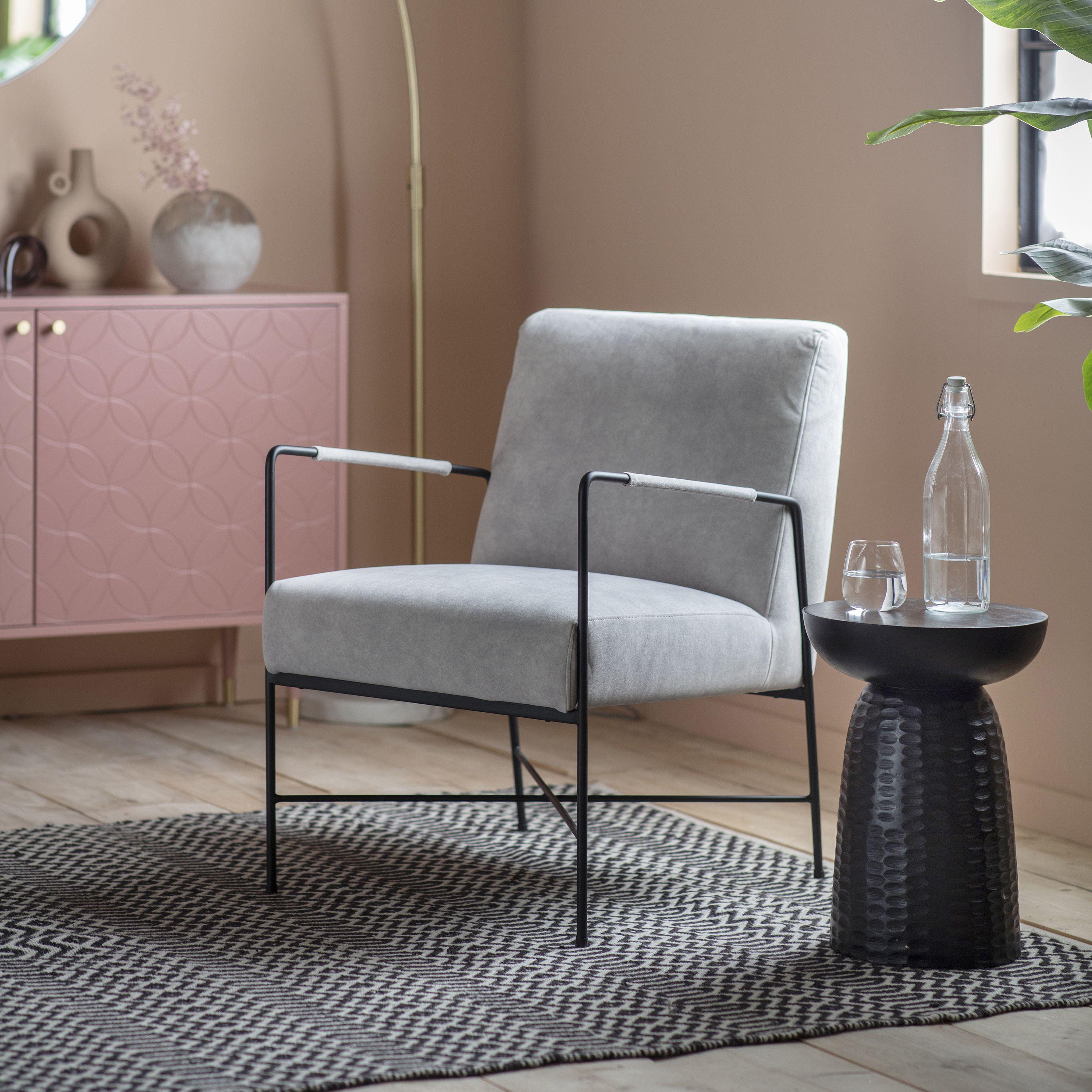 Chartwellshire Fabric Armchair Grey with Narrow Metal Arms - Maison Rêves UK