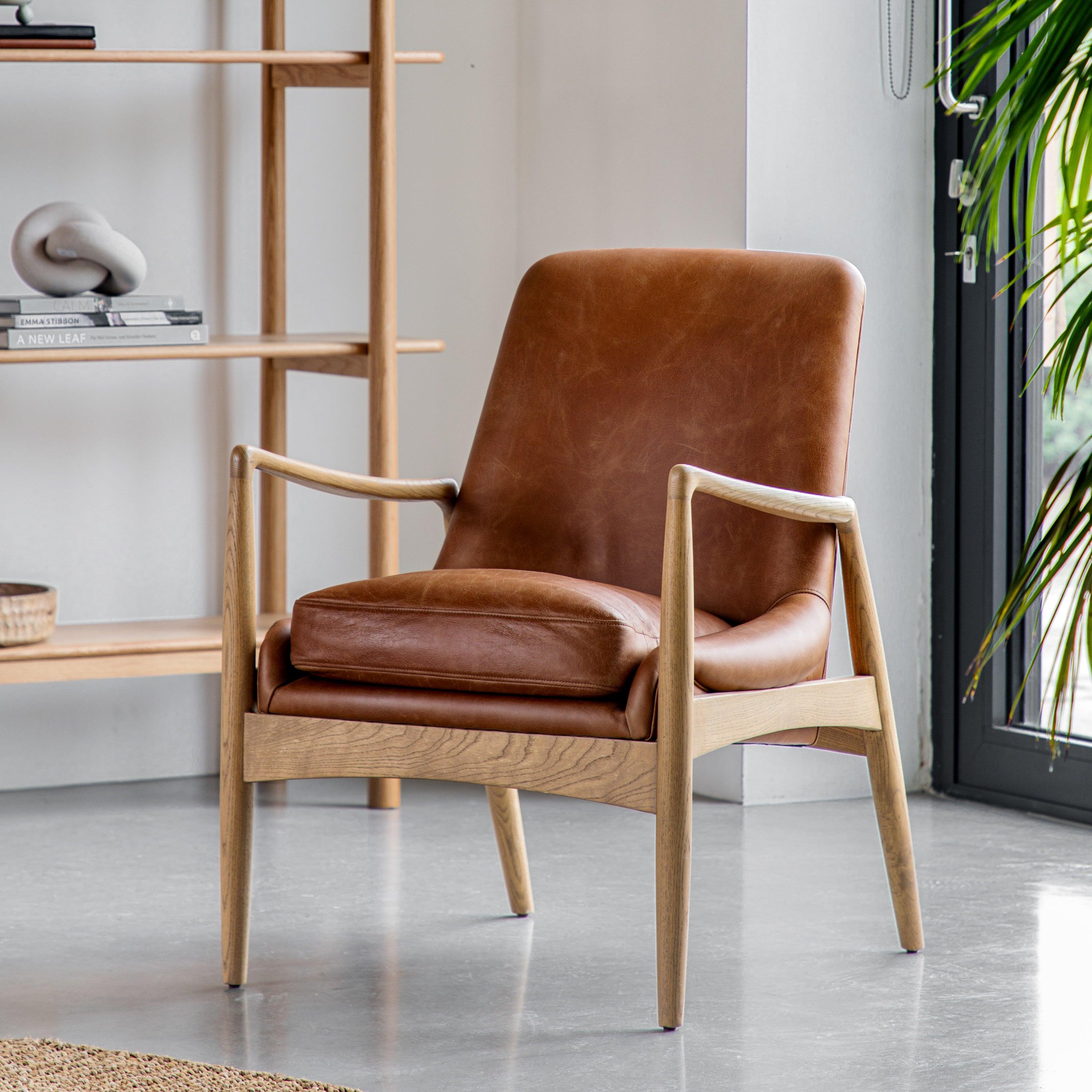 Chroma Weathered Ashwood Frame Armchair Brown Leather - Maison Rêves UK