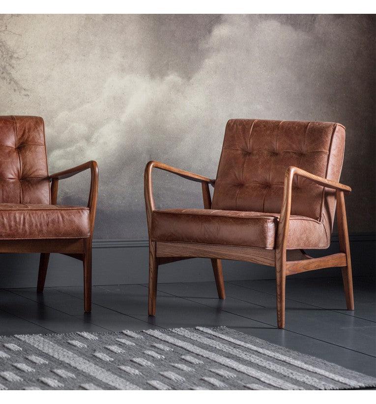 Havenstone Armchair Vintage Brown Leather with Solid Oak Frame - Maison Rêves UK