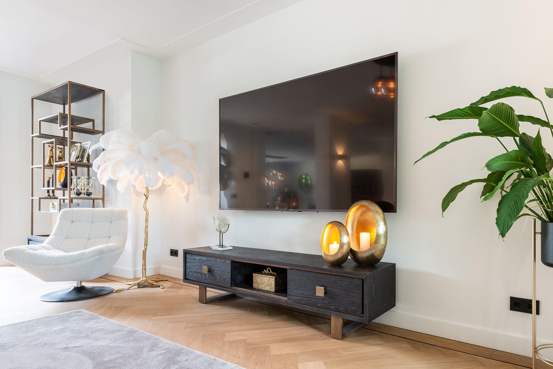 Hunter Black Rustic Oak 2 Drawer Media Unit with Brushed Gold Base by Richmond Interiors - Maison Rêves UK