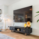 Hunter Black Rustic Oak 2 Drawer Media Unit with Brushed Gold Base by Richmond Interiors - Maison Rêves UK