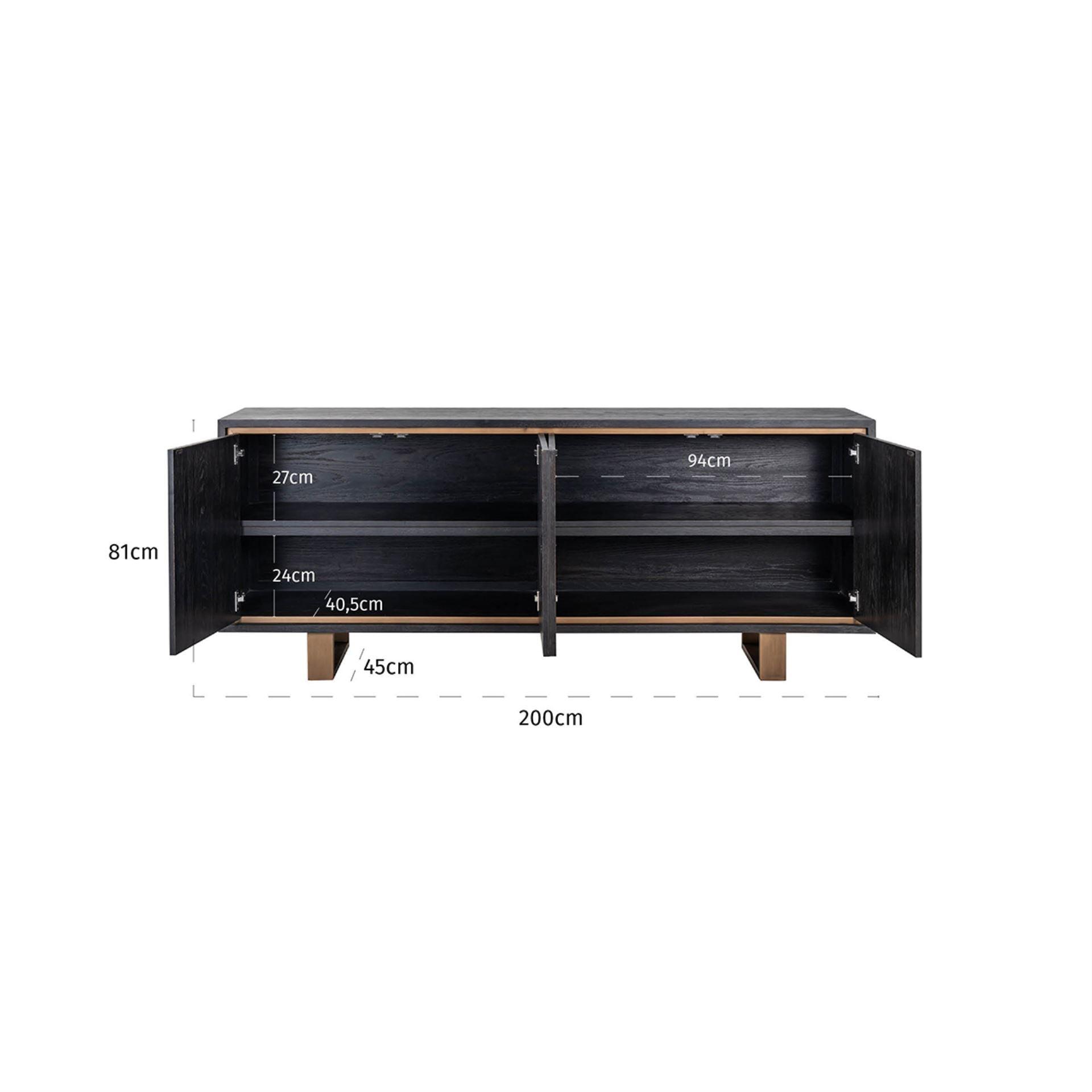 Hunter Black Rustic Oak 4 Door Sideboard with Brushed Gold Base by Richmond Interiors - Maison Rêves UK