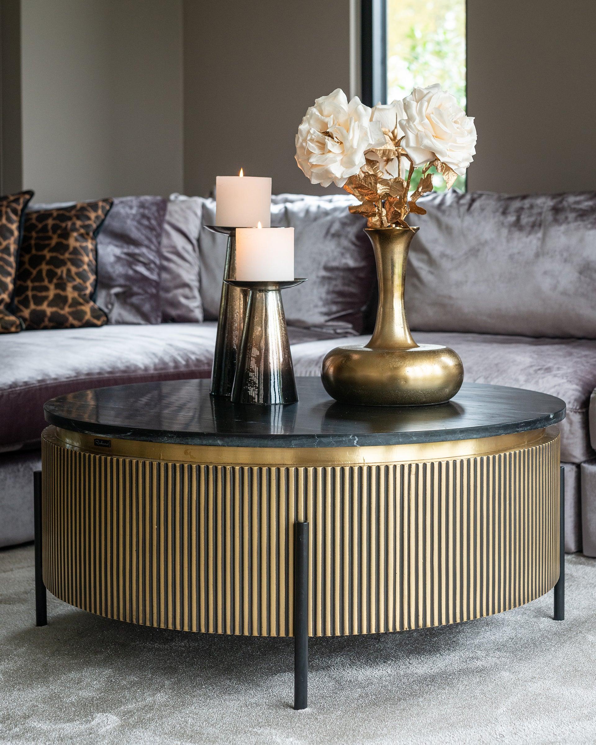 Ironville Circular Gold Coffee Table with Black Marble Top by Richmond Interiors - Maison Rêves UK