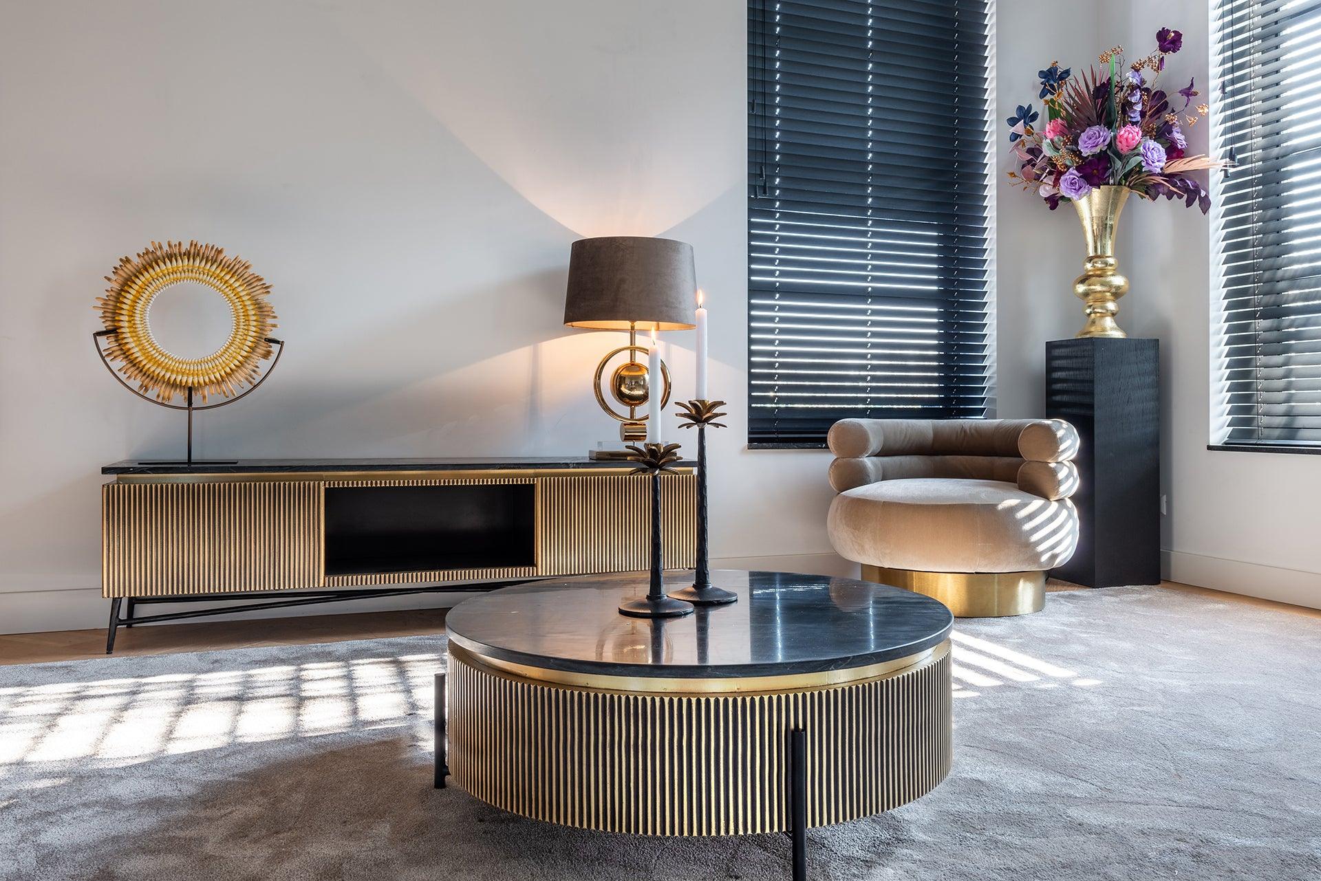 Ironville Gold Media Unit with Black Marble Top & Open Compartment by Richmond Interiors - Maison Rêves UK