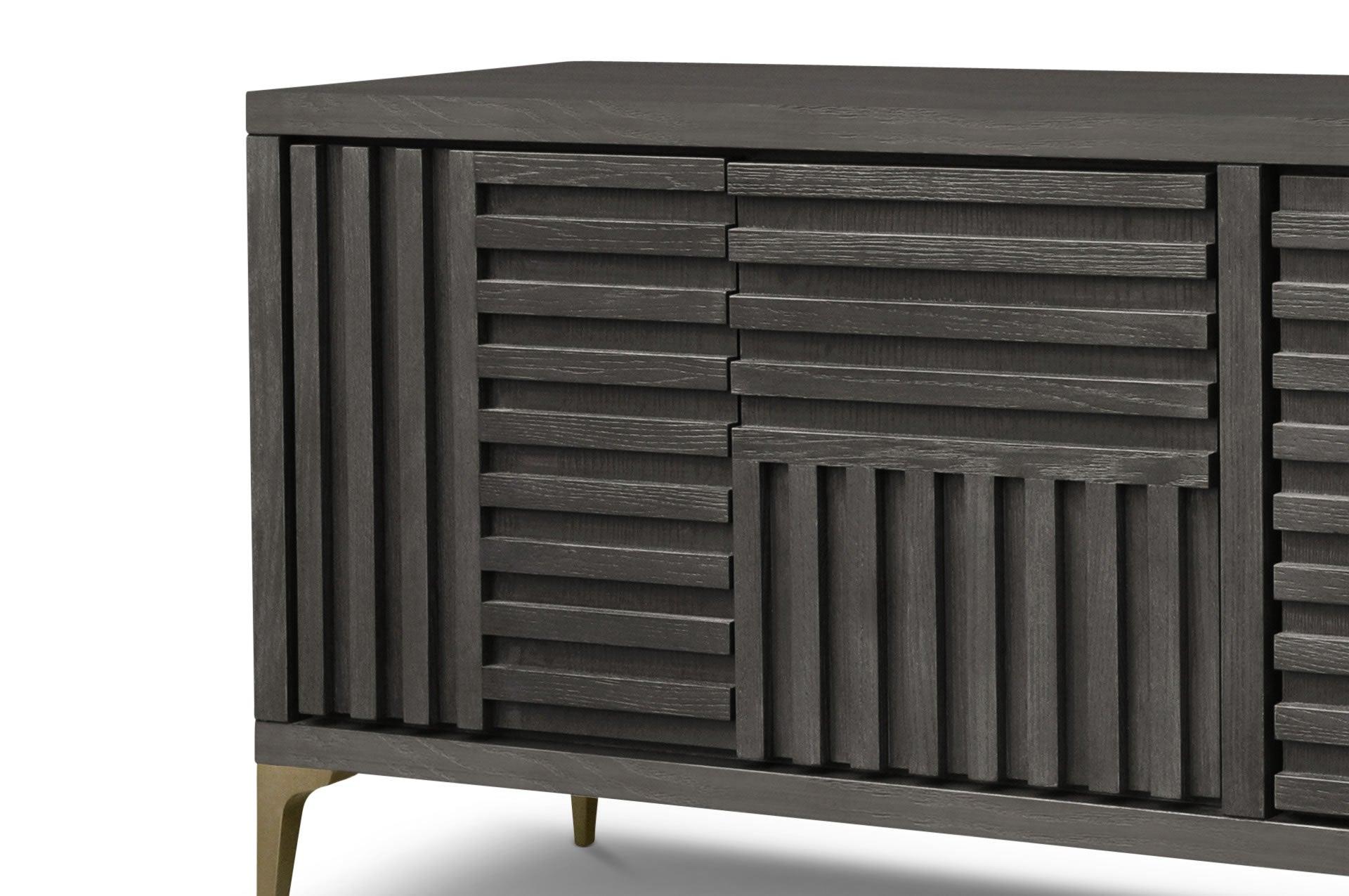 4-Door Sideboard Textured Grey Oak Veneer With Brushed Brass Feet - interitower