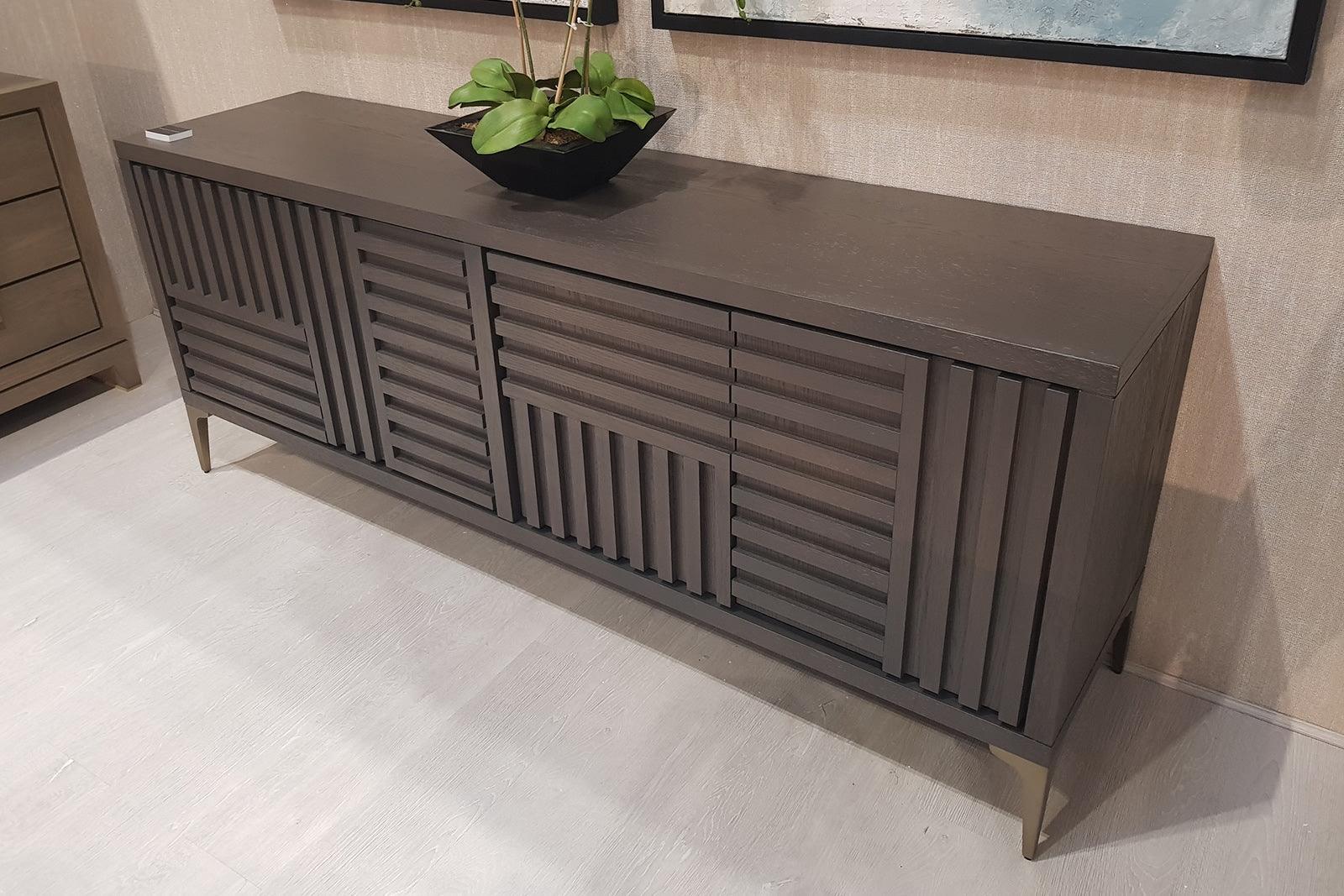 4-Door Sideboard Textured Grey Oak Veneer With Brushed Brass Feet - interitower