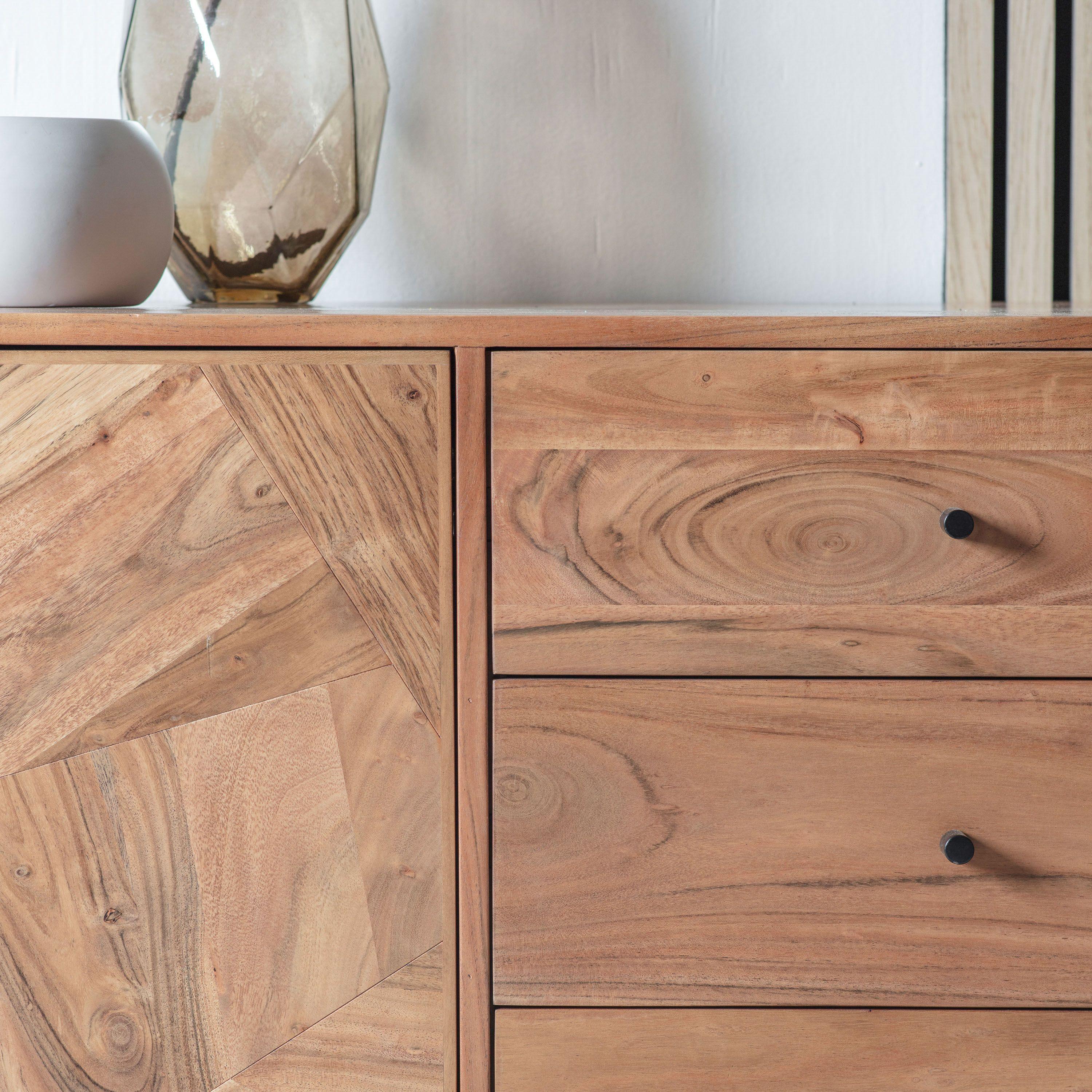 Mirage 2 Door 3 Drawer Acacia Wood Sideboard with Black Metal Legs - Maison Rêves UK