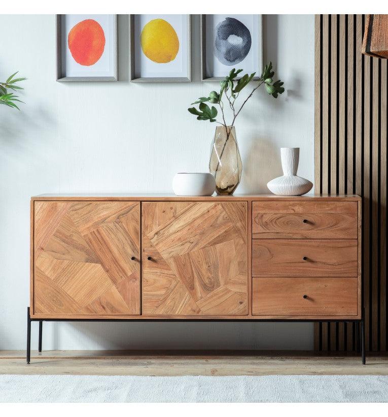 Mirage 2 Door 3 Drawer Acacia Wood Sideboard with Black Metal Legs - Maison Rêves UK